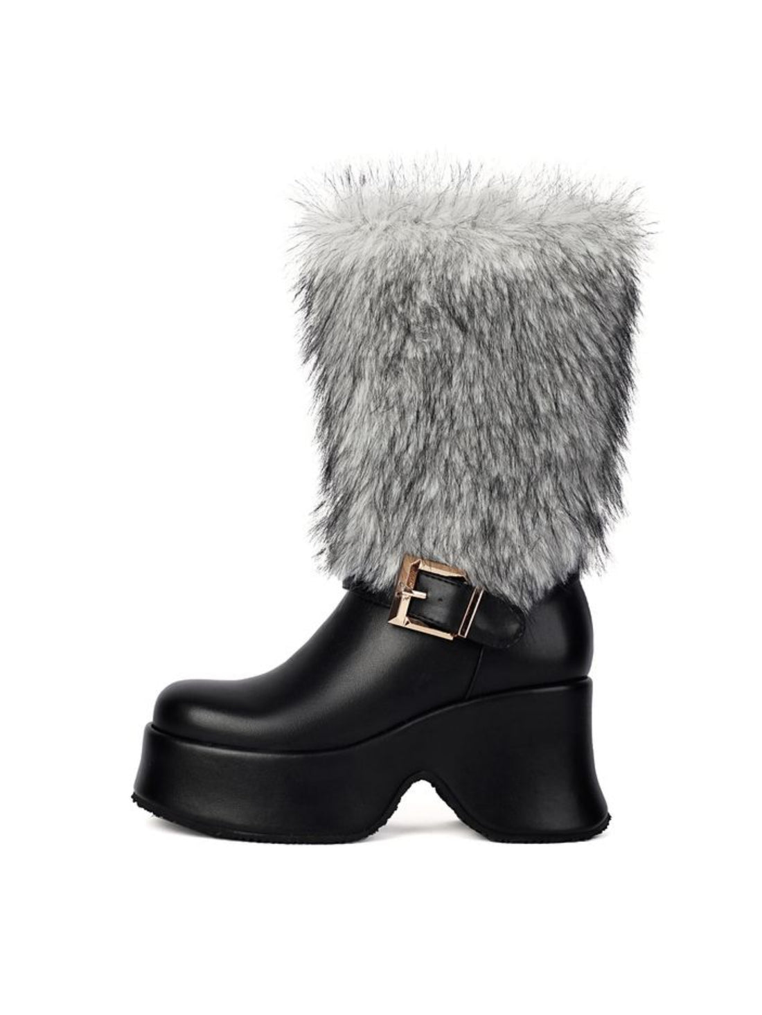 Black Platfotm Heel Buckled Mid Calf Boots for Women