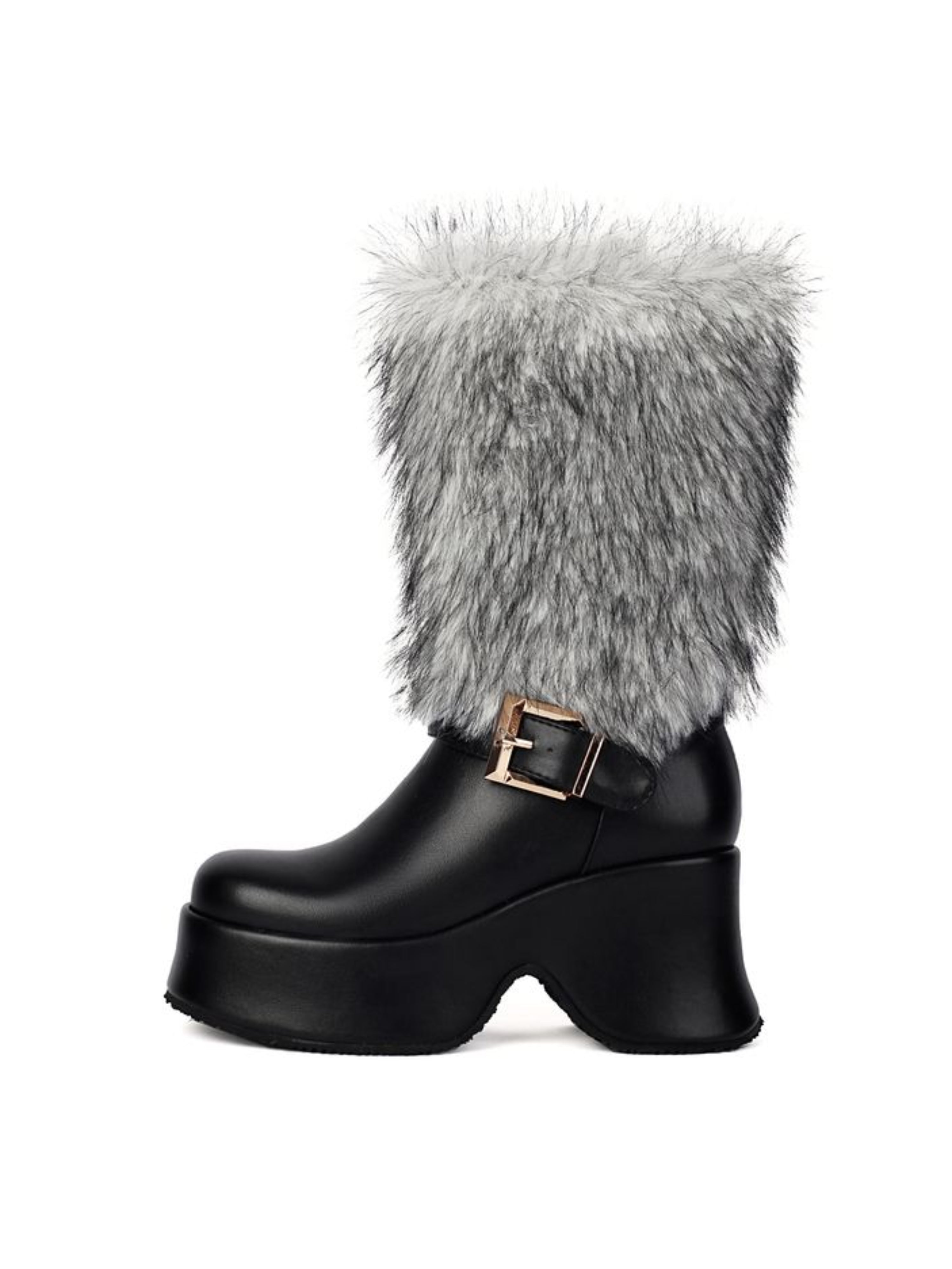 Black Platfotm Heel Buckled Mid Calf Boots for Women