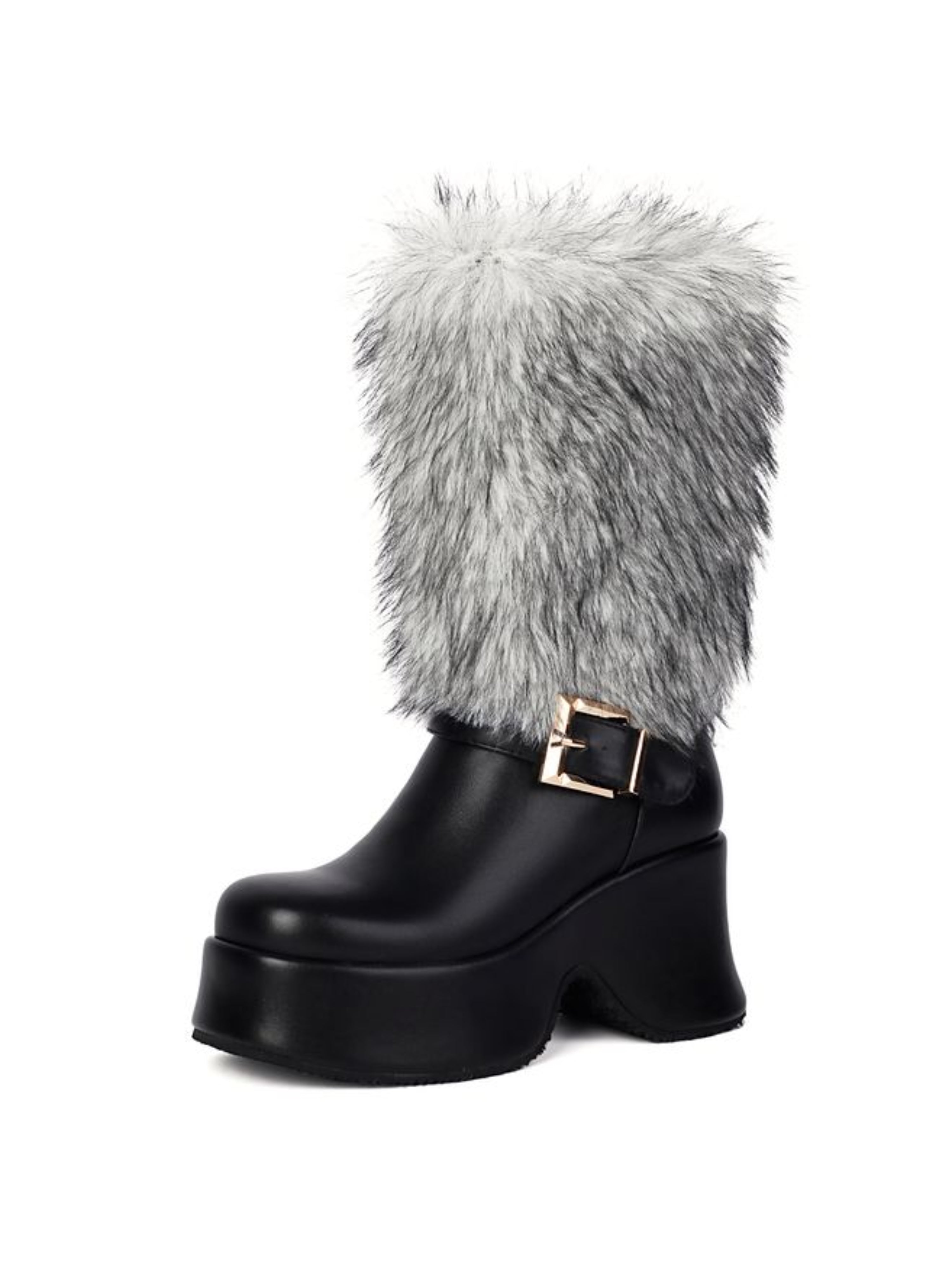 Black Platfotm Heel Buckled Mid Calf Boots for Women