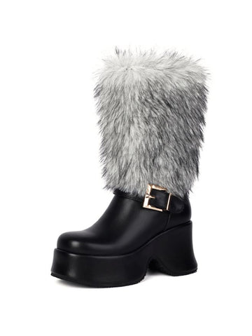 Black Platfotm Heel Buckled Mid Calf Boots for Women