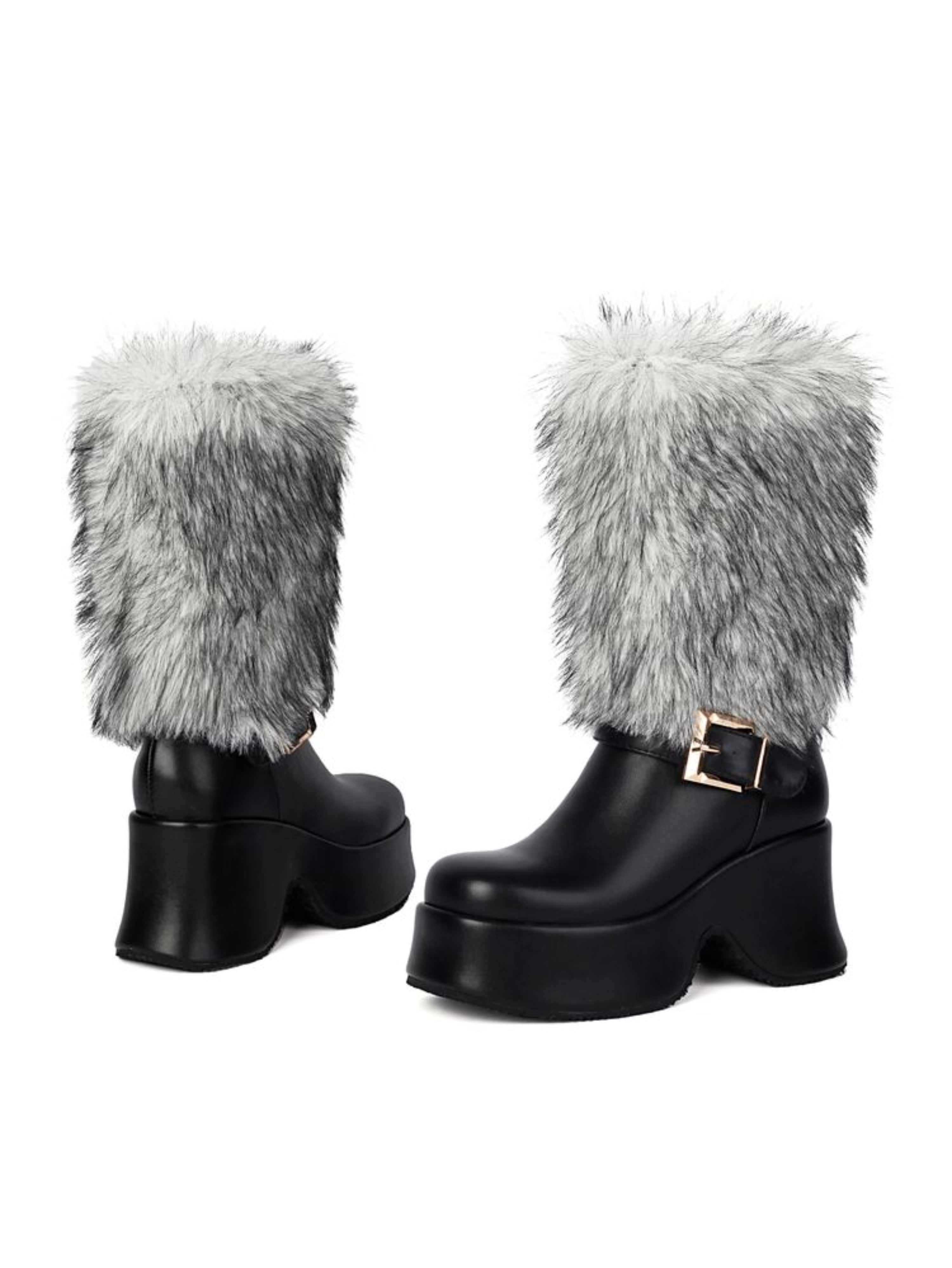 Black Platfotm Heel Buckled Mid Calf Boots for Women