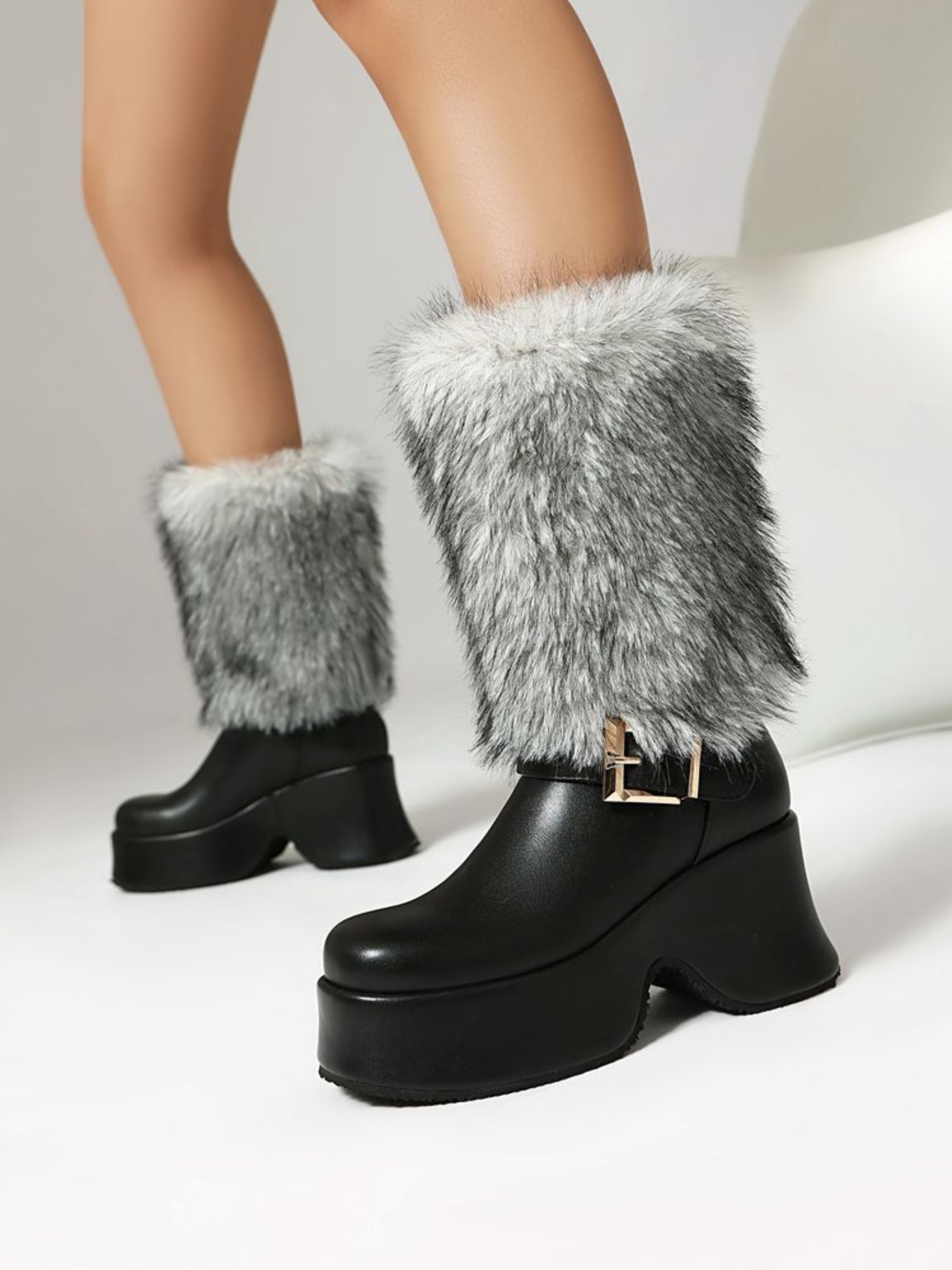 Black Platfotm Heel Buckled Mid Calf Boots for Women