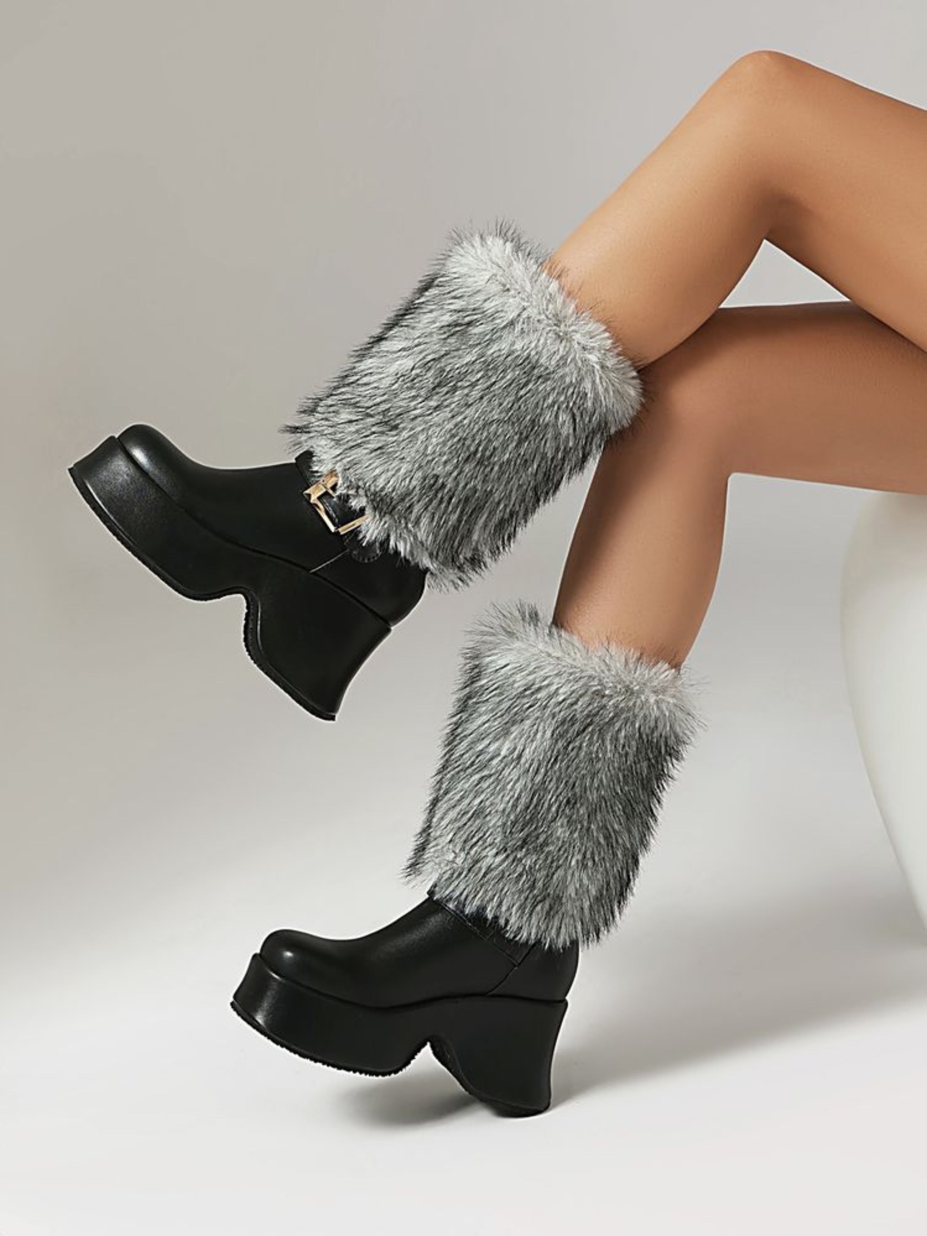 Black Platfotm Heel Buckled Mid Calf Boots for Women