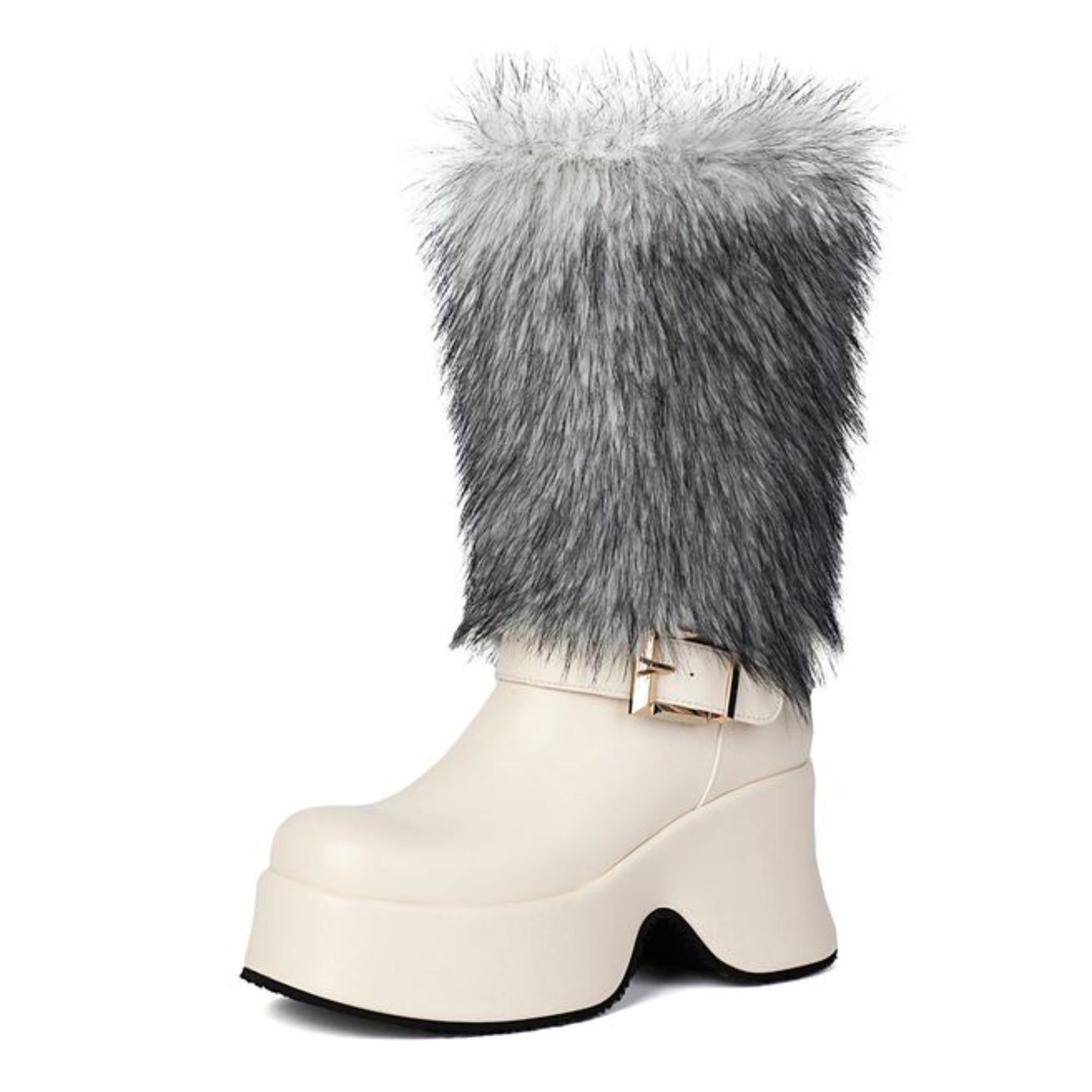 White Furry Square Toe Women's Long Winter Boots