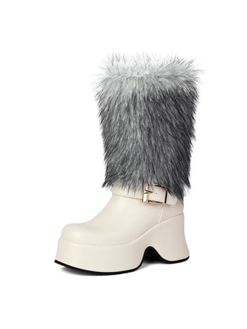 White Furry Square Toe Women's Long Winter Boots