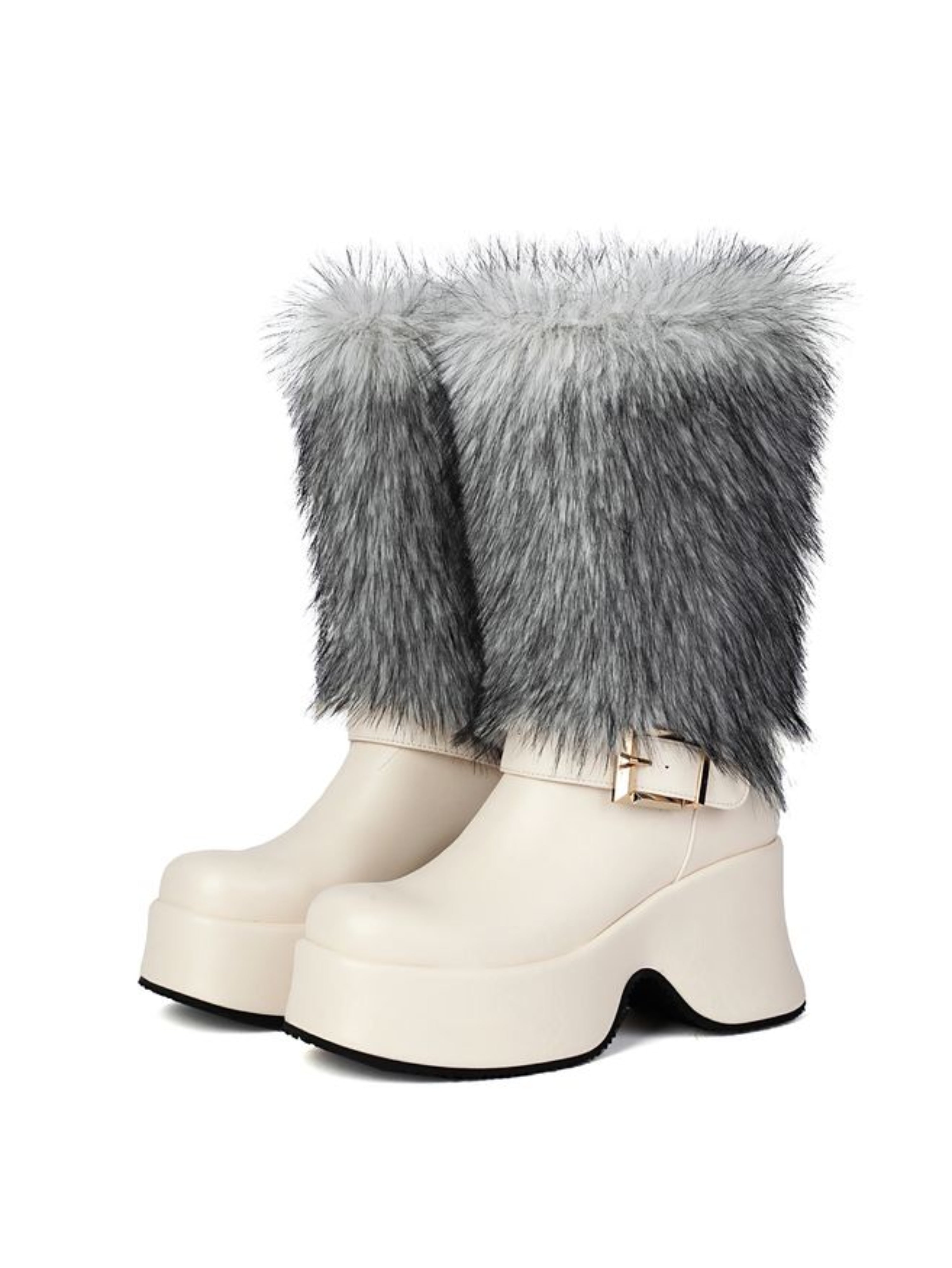 White Furry Square Toe Women's Long Winter Boots
