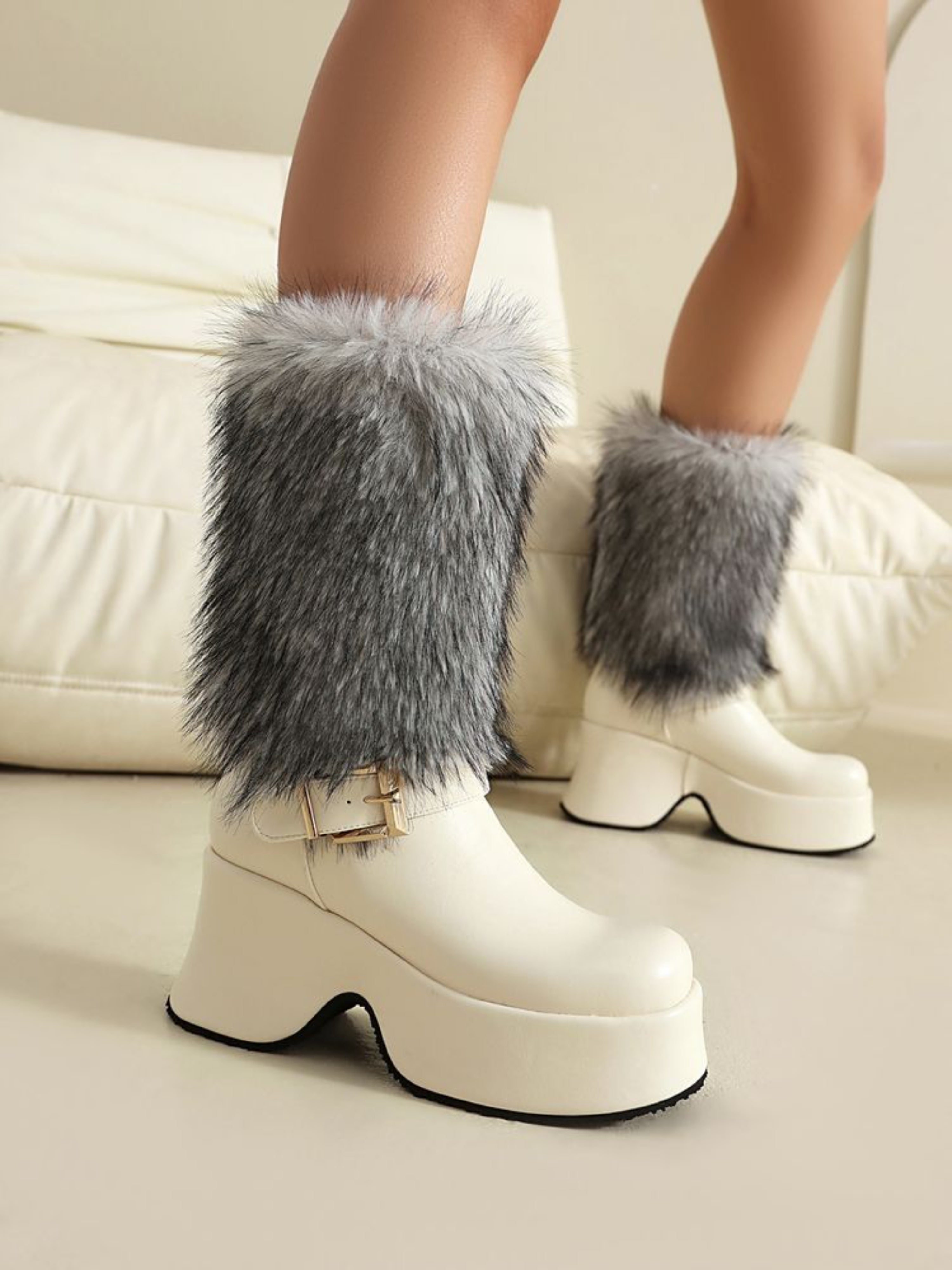 White Furry Square Toe Women's Long Winter Boots
