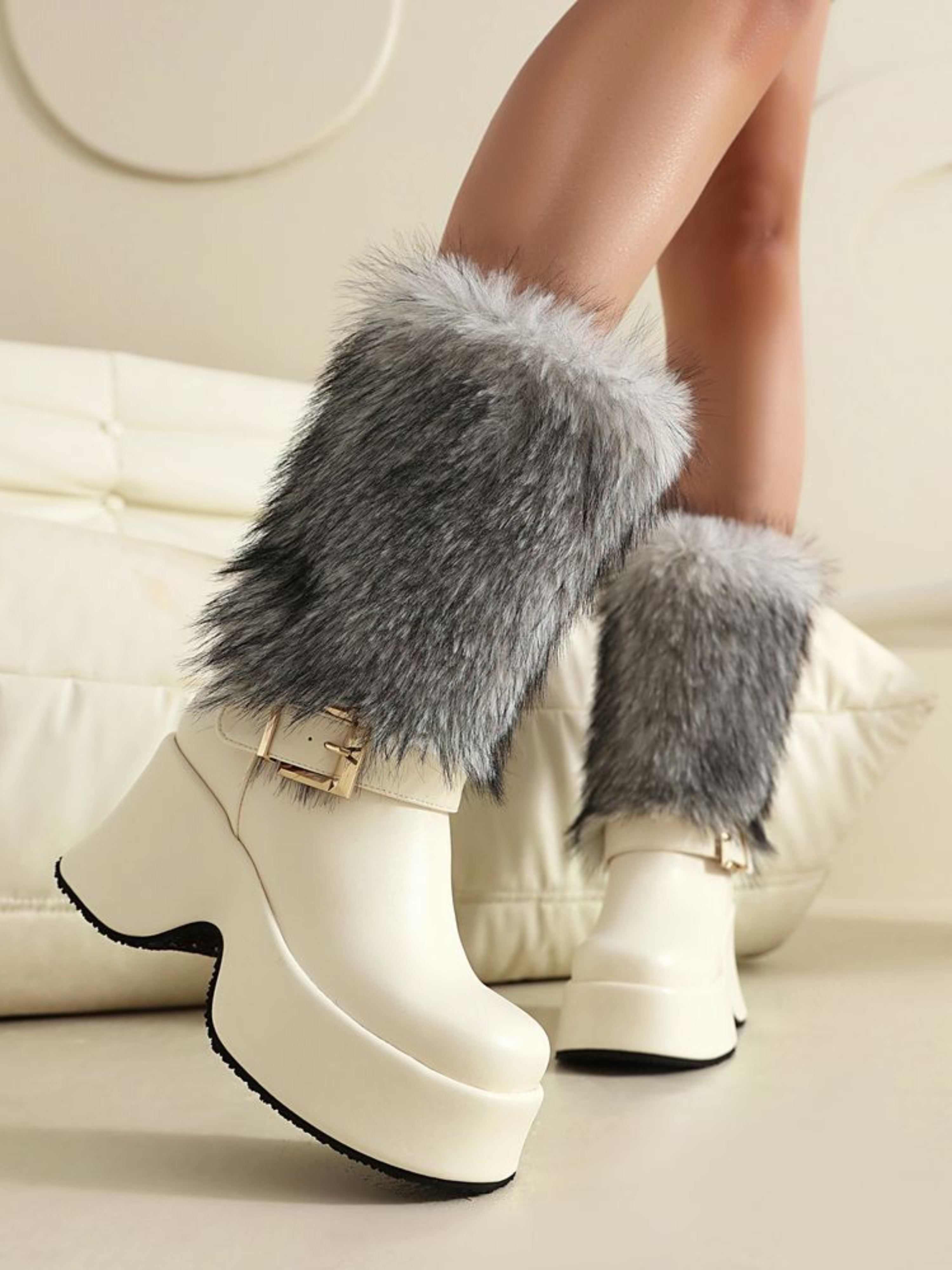 White Furry Square Toe Women's Long Winter Boots