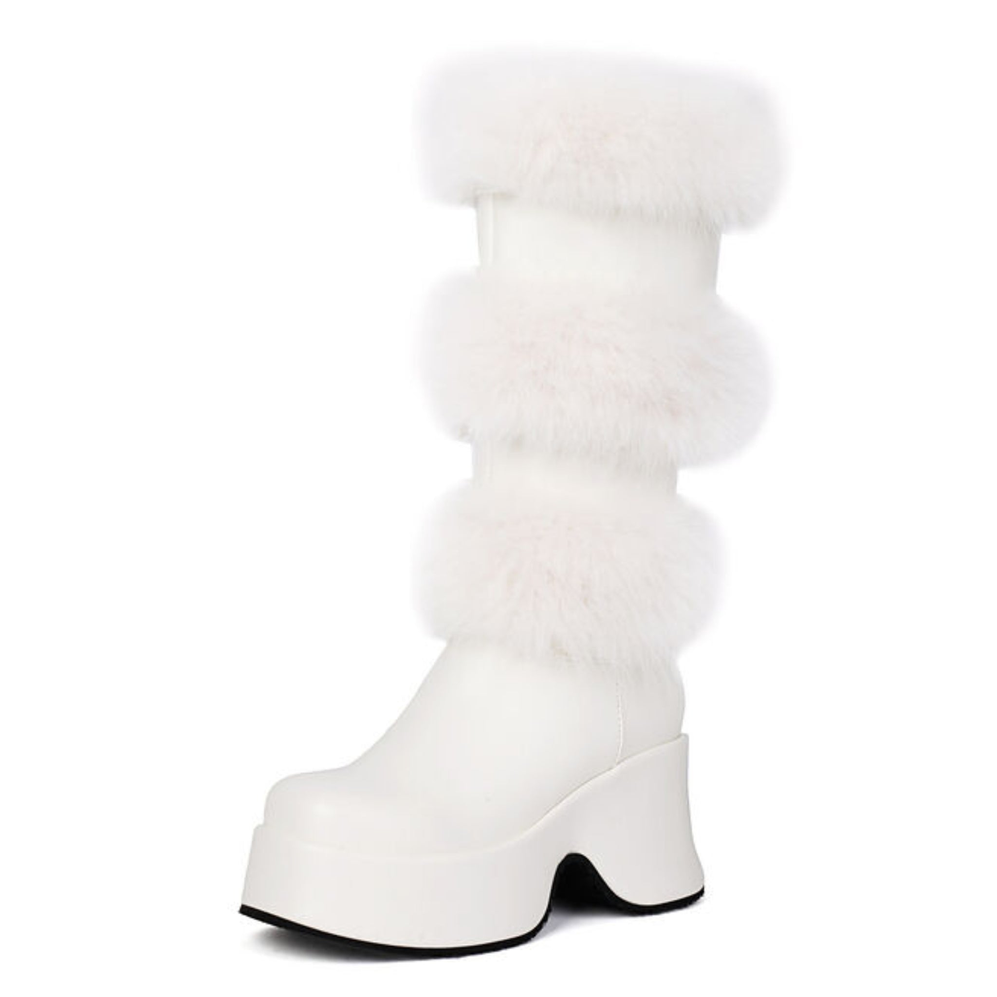 White Furry Chunky High Heeled Boots with Platform