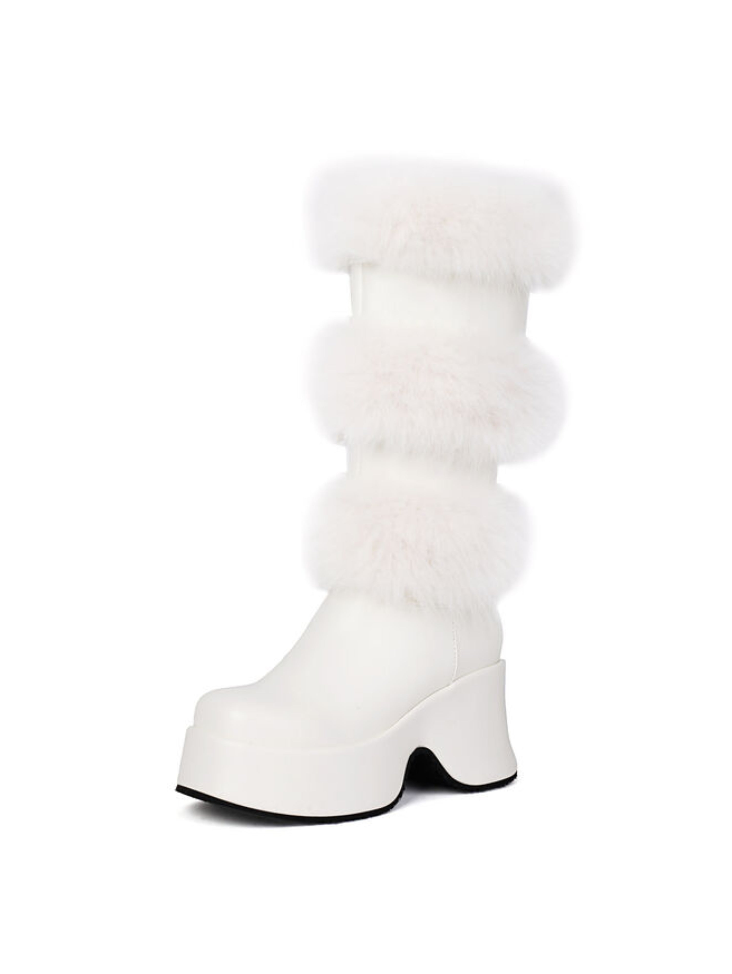 White Furry Chunky High Heeled Boots with Platform