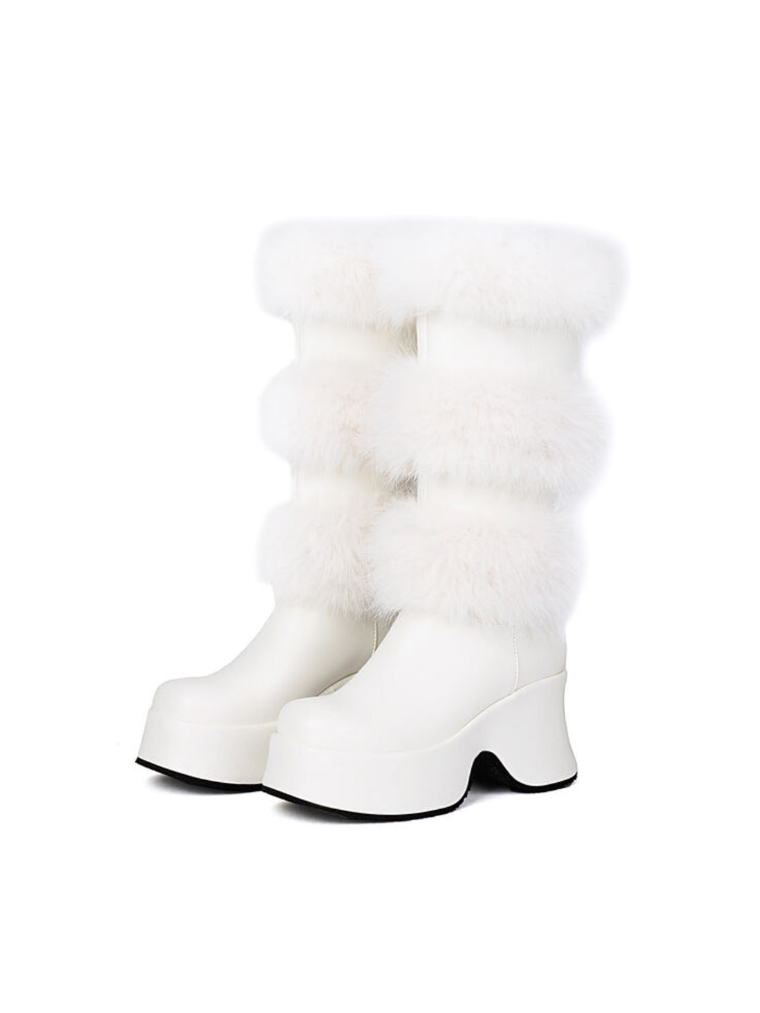 White Furry Chunky High Heeled Boots with Platform