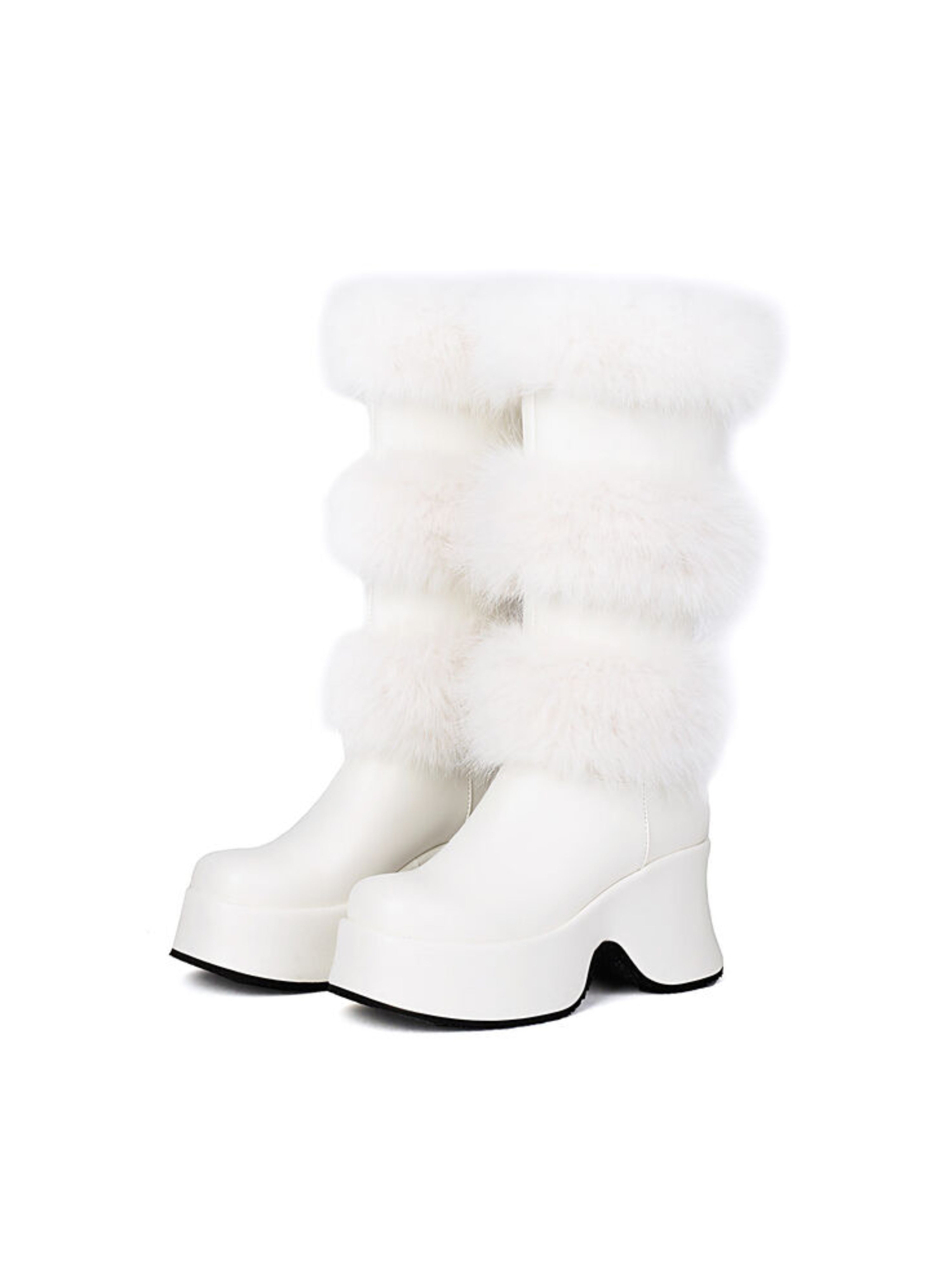 White Furry Chunky High Heeled Boots with Platform