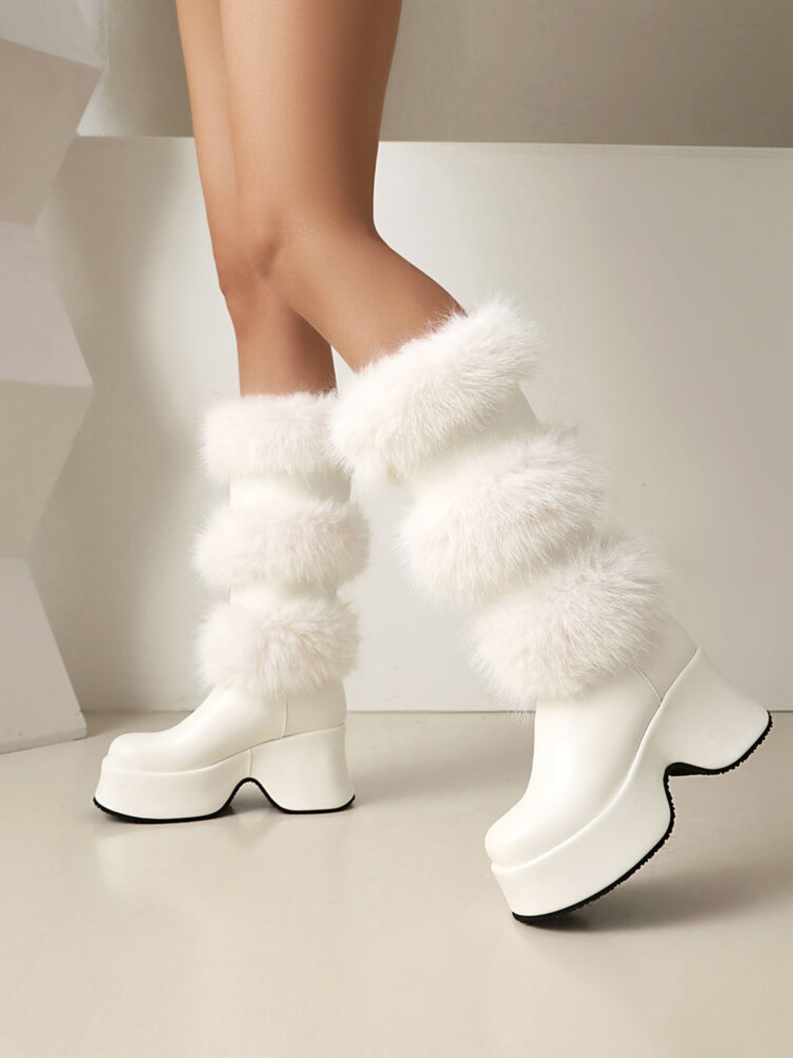 White Furry Chunky High Heeled Boots with Platform