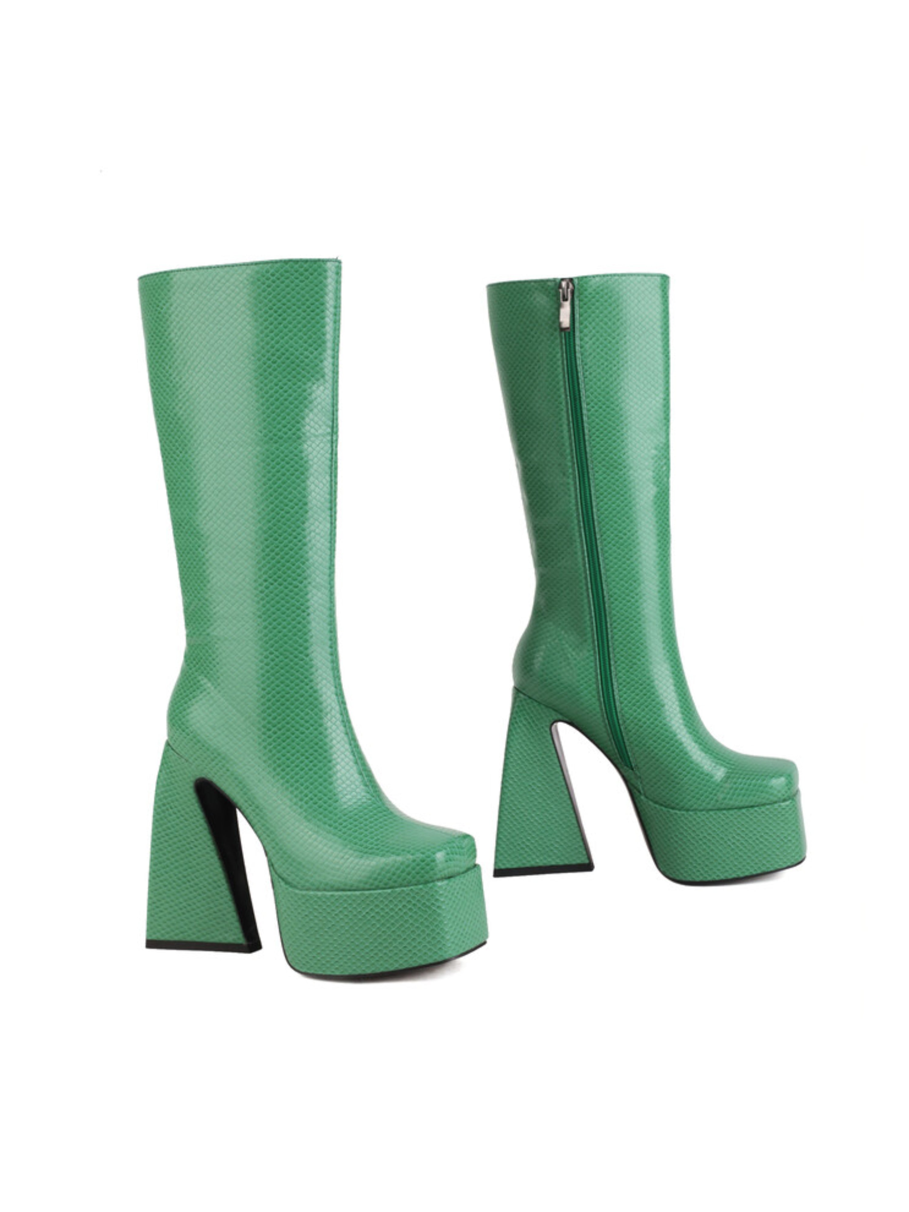 Green Faux Leather Heeled Long Boots Women