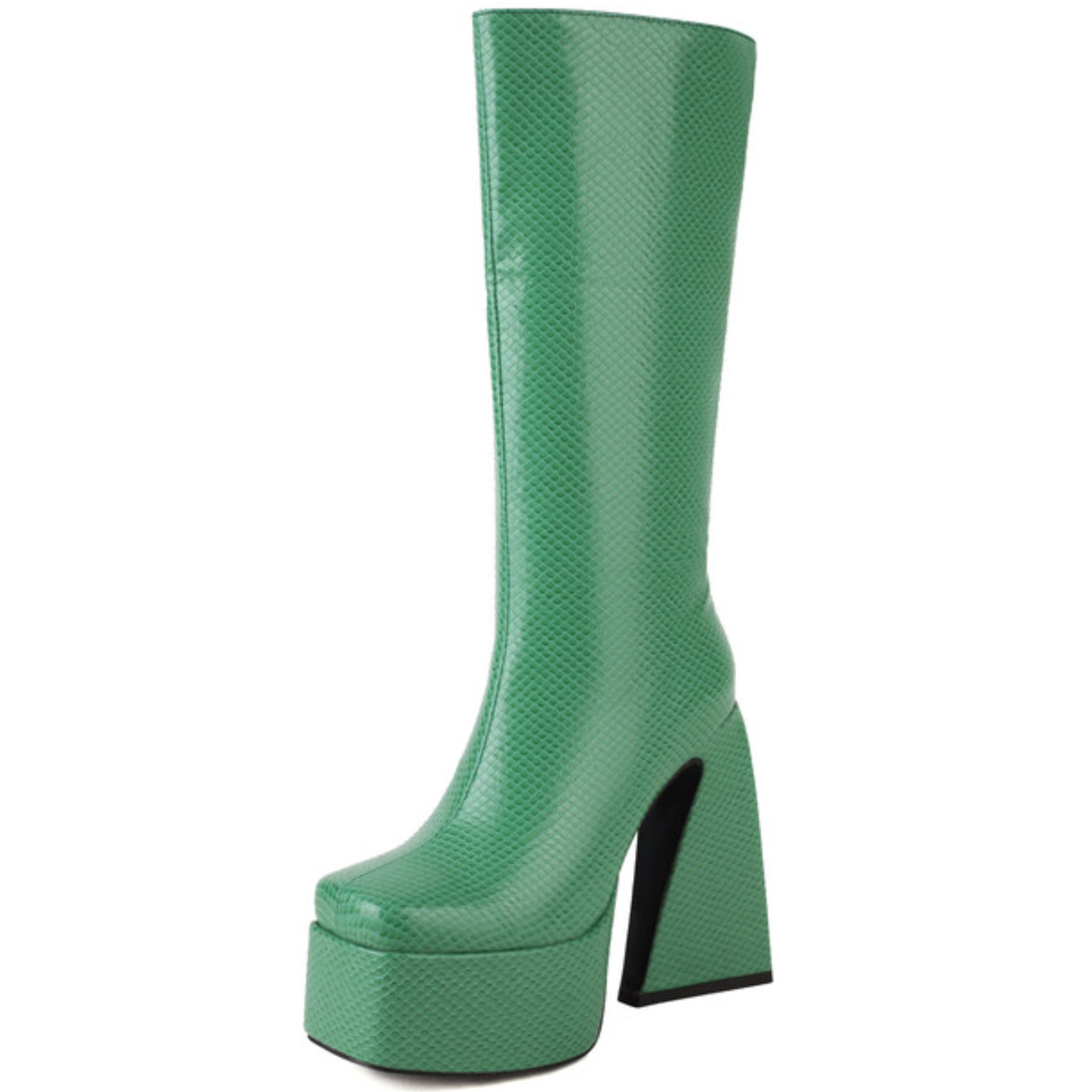 Green Faux Leather Heeled Long Boots Women