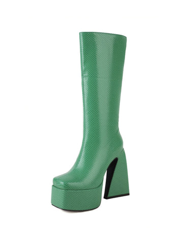Green Faux Leather Heeled Long Boots Women