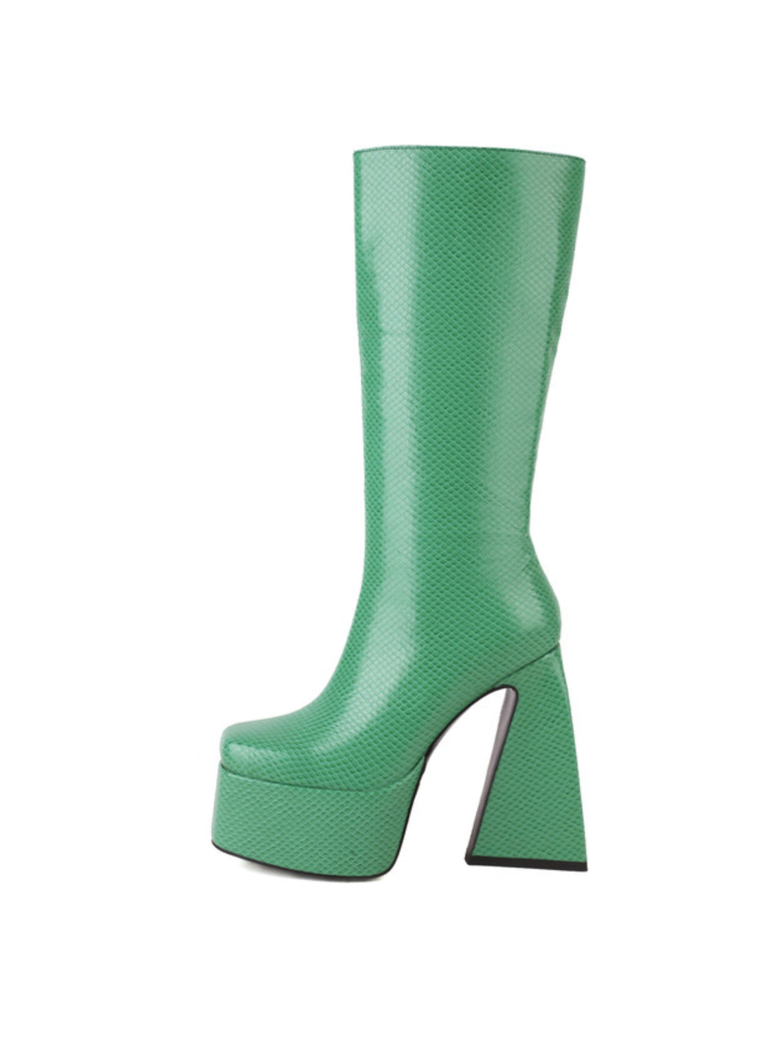 Green Faux Leather Heeled Long Boots Women