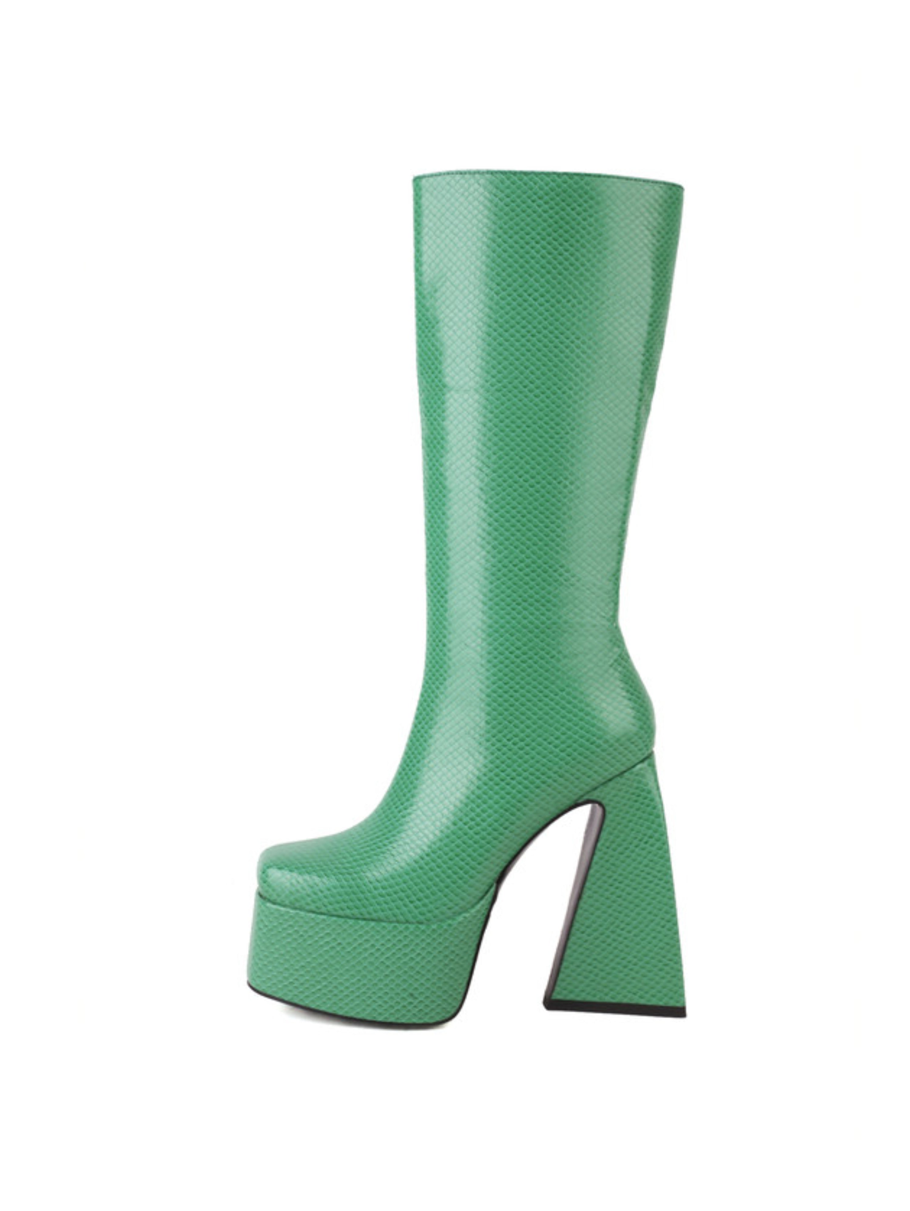 Green Faux Leather Heeled Long Boots Women