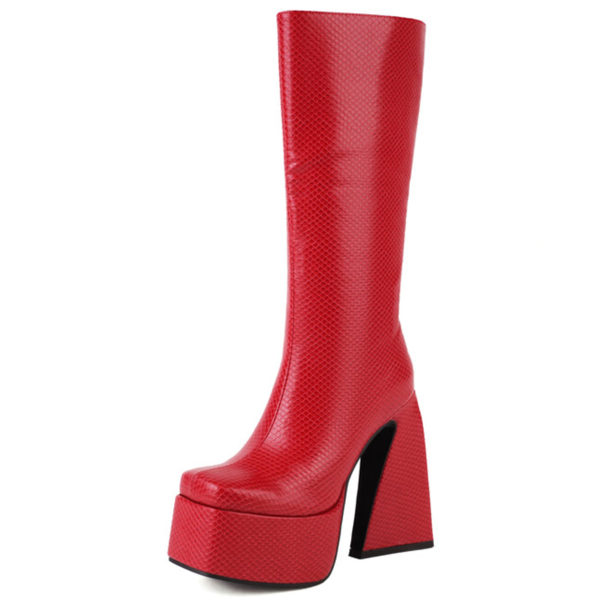 Red Platform Heel Long Boots for Women