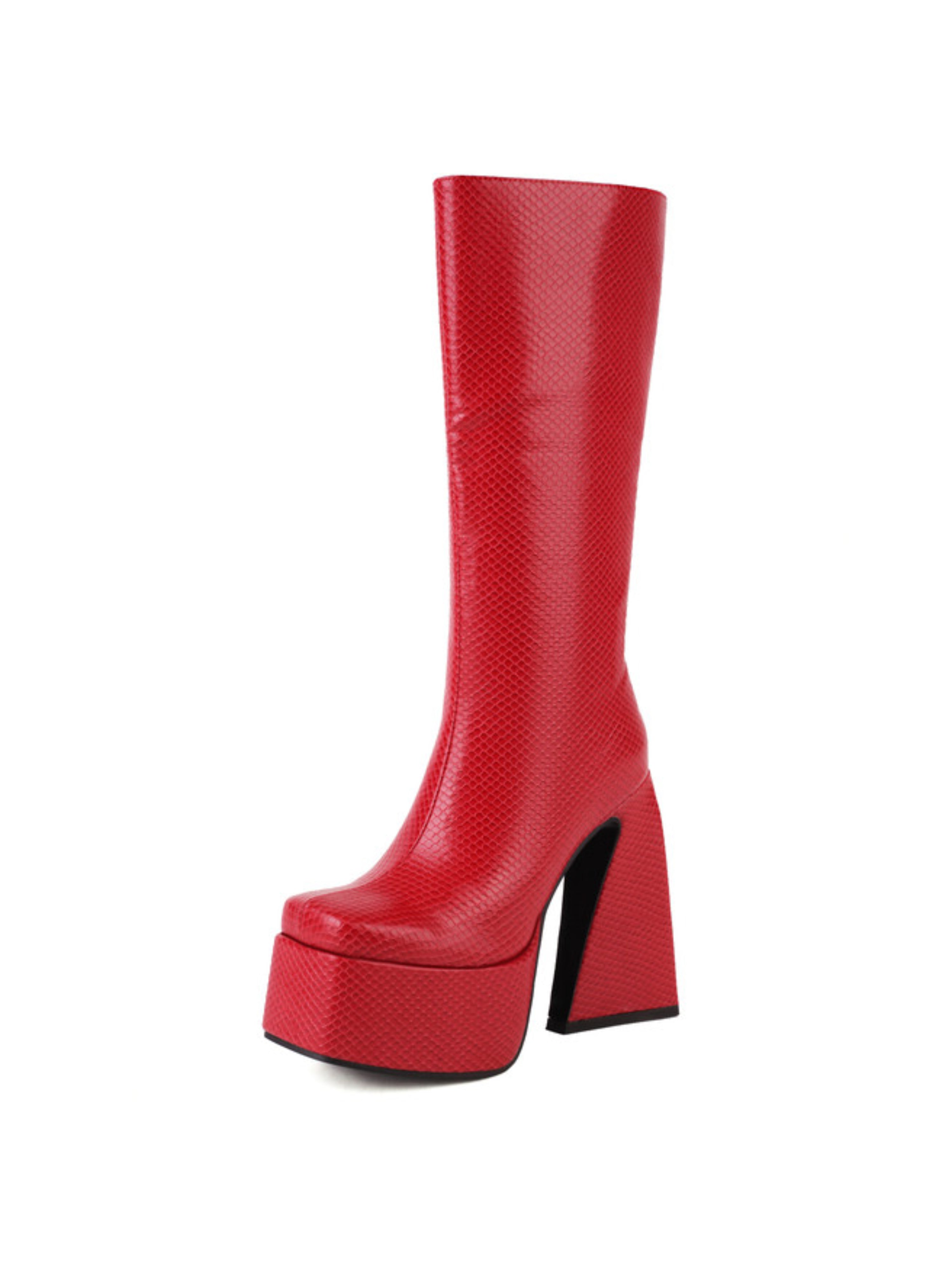Red Platform Heel Long Boots for Women