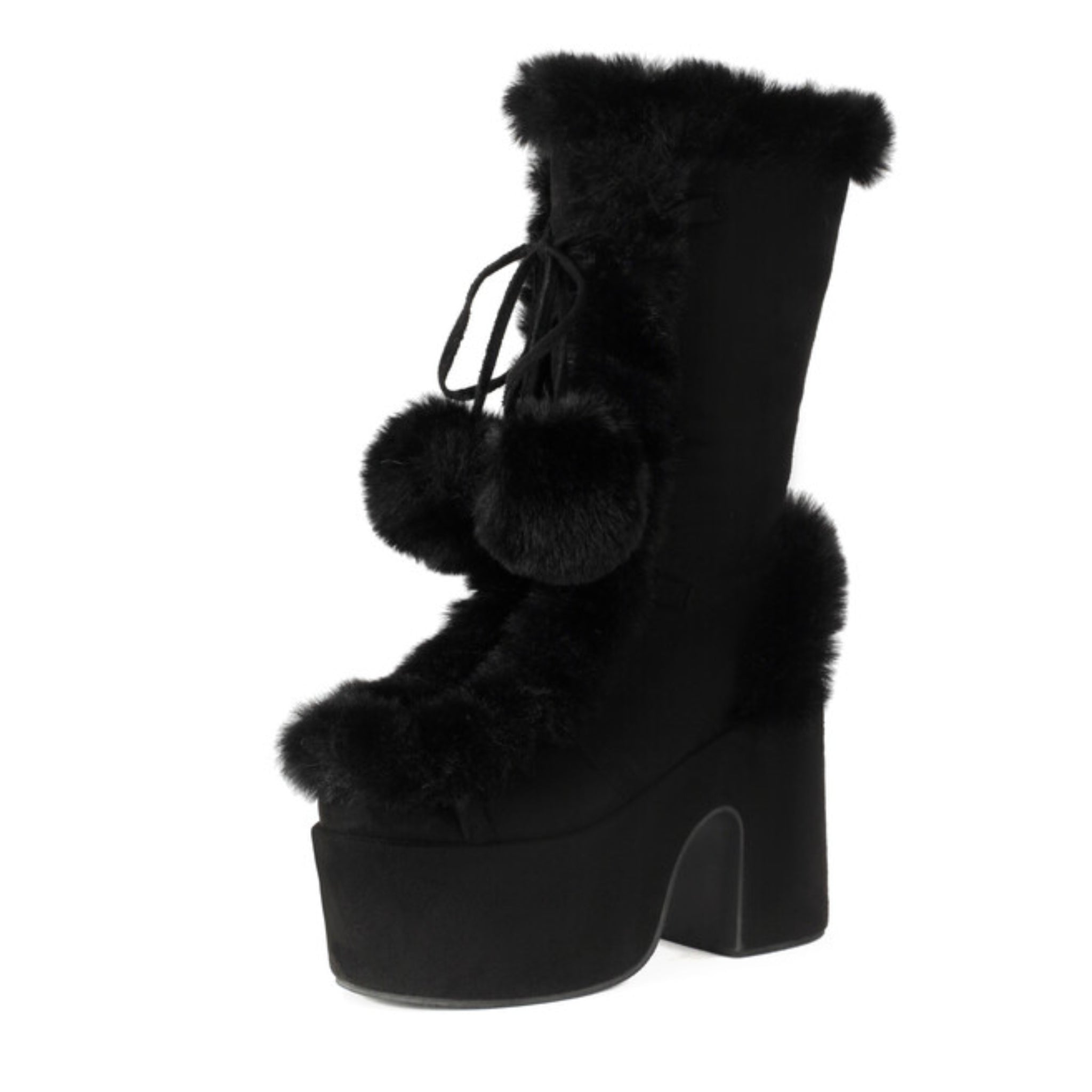 Black Faux Fur Ladie's Mid-Calf Pom Pom Boots with Heels