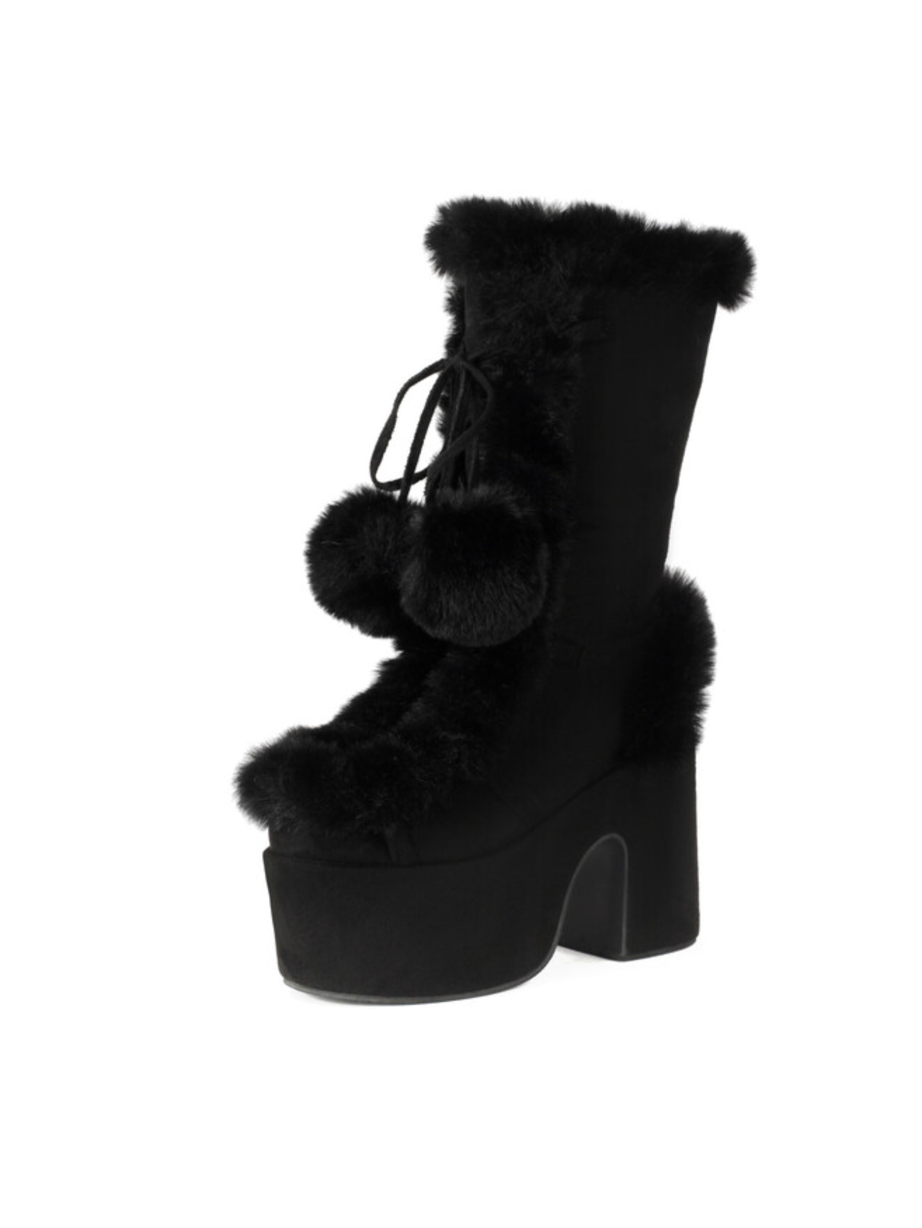 Black Faux Fur Ladie's Mid-Calf Pom Pom Boots with Heels