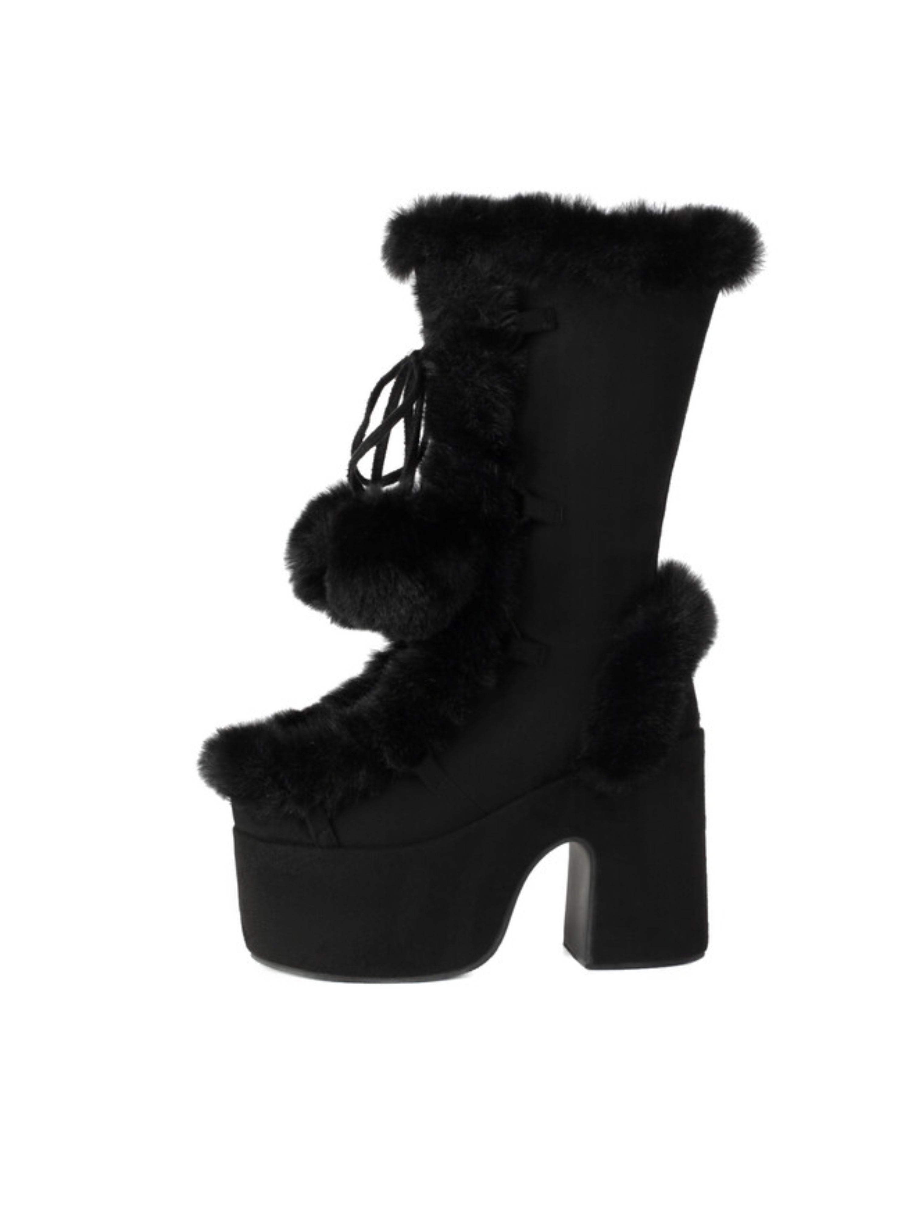 Black Faux Fur Ladie's Mid-Calf Pom Pom Boots with Heels