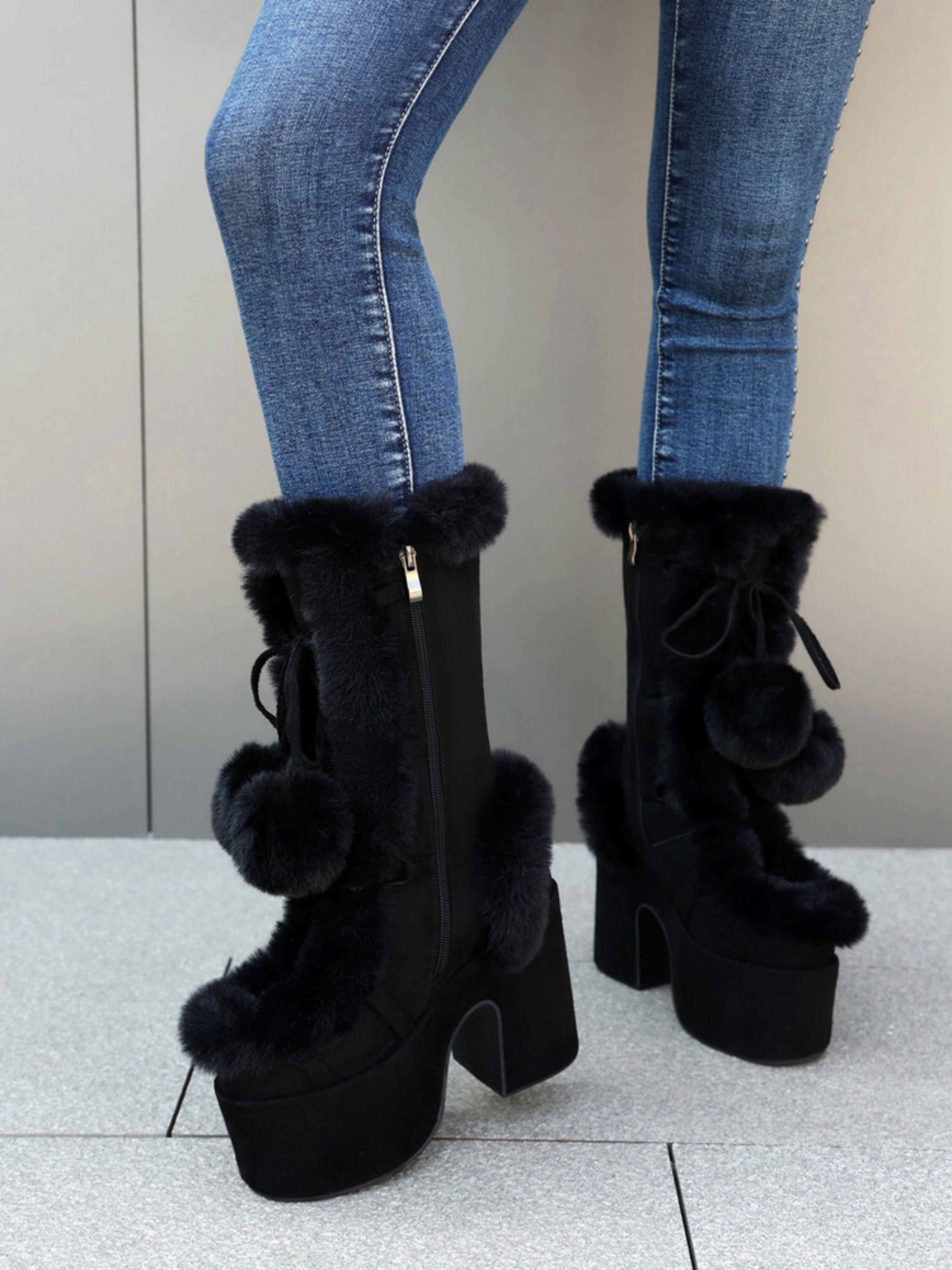 Black Faux Fur Ladie's Mid-Calf Pom Pom Boots with Heels