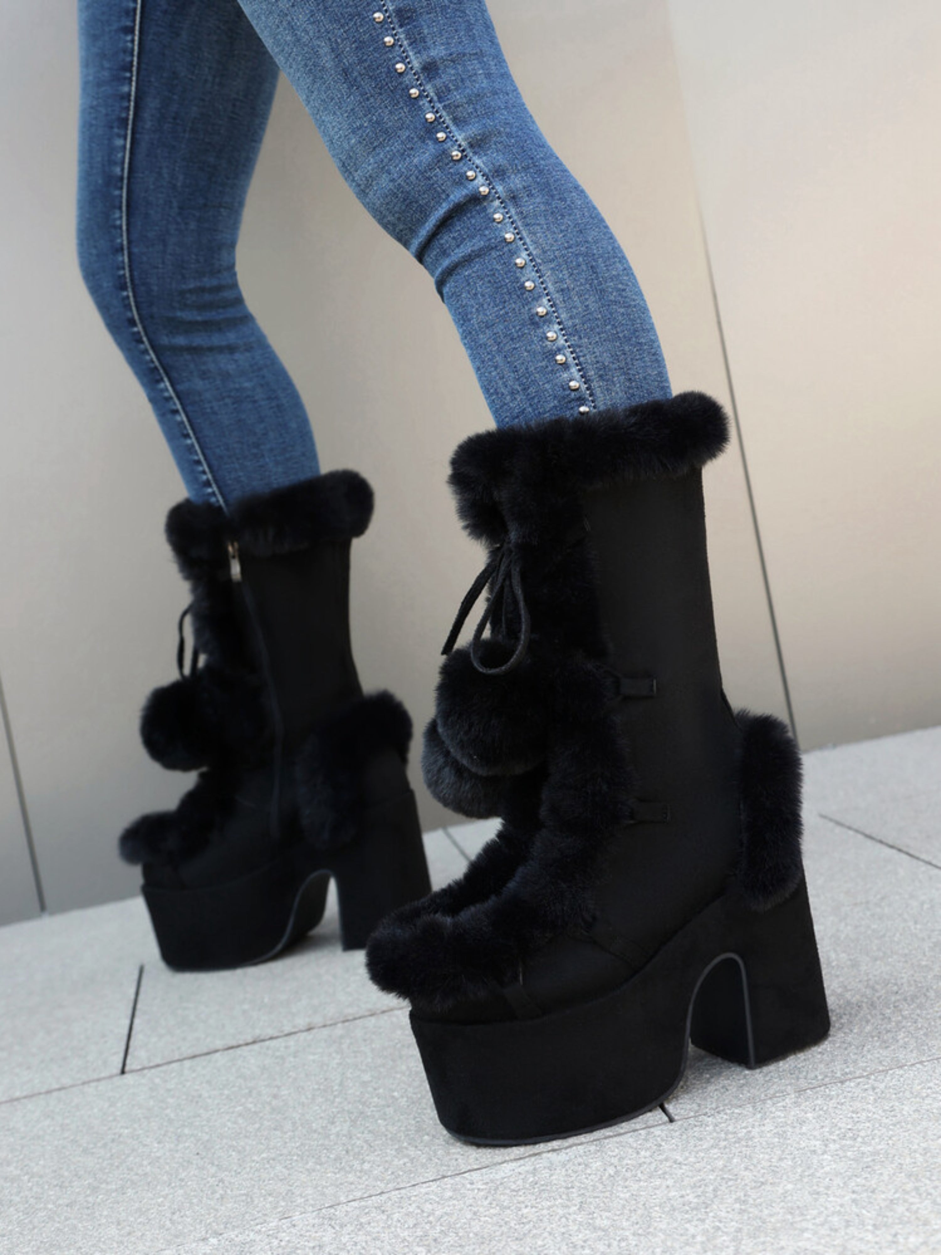 Black Faux Fur Ladie's Mid-Calf Pom Pom Boots with Heels