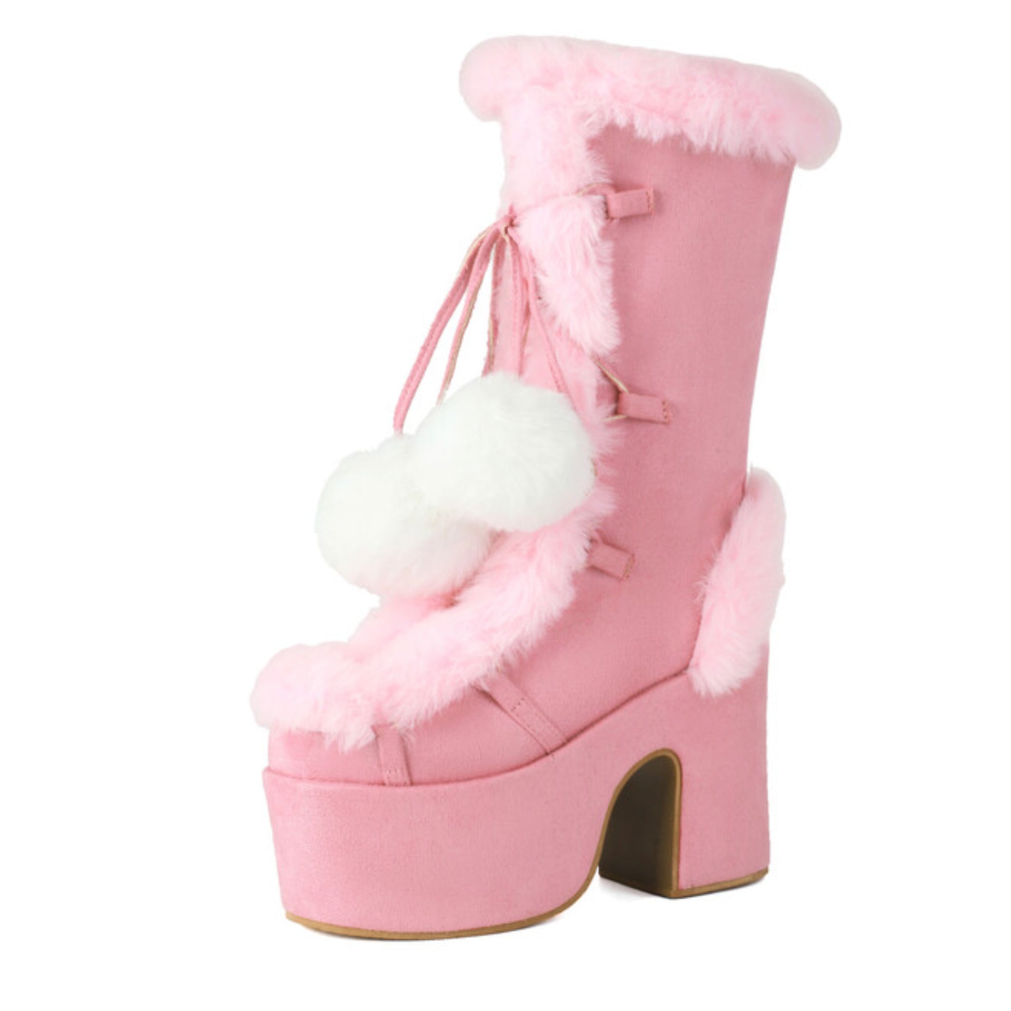 Cute Pink Pom Pom Platform Chunky High Heeled Boots