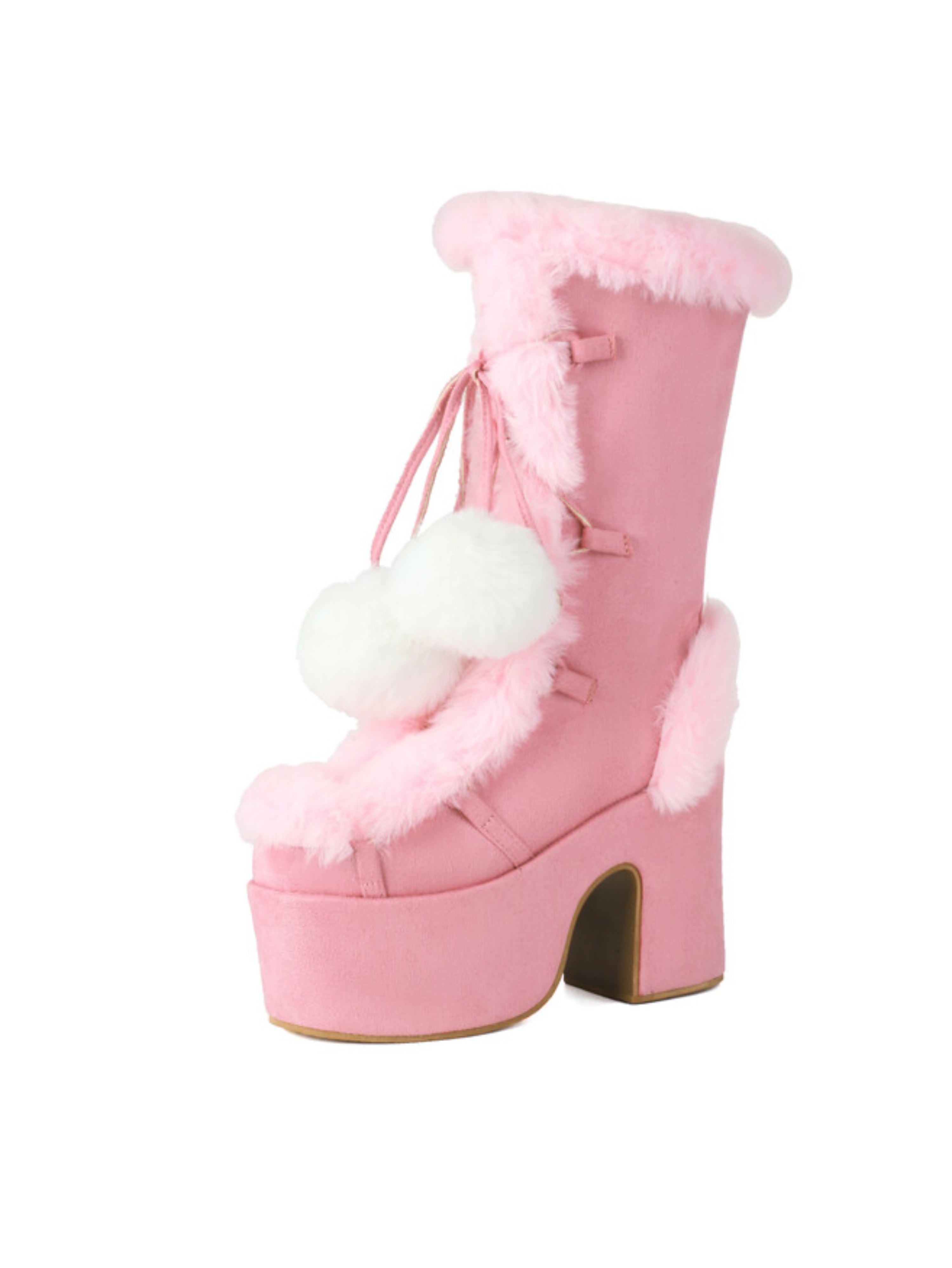 Cute Pink Pom Pom Platform Chunky High Heeled Boots