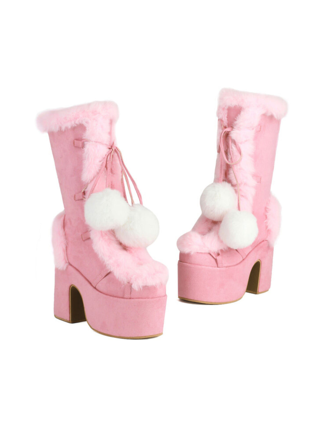 Cute Pink Pom Pom Platform Chunky High Heeled Boots