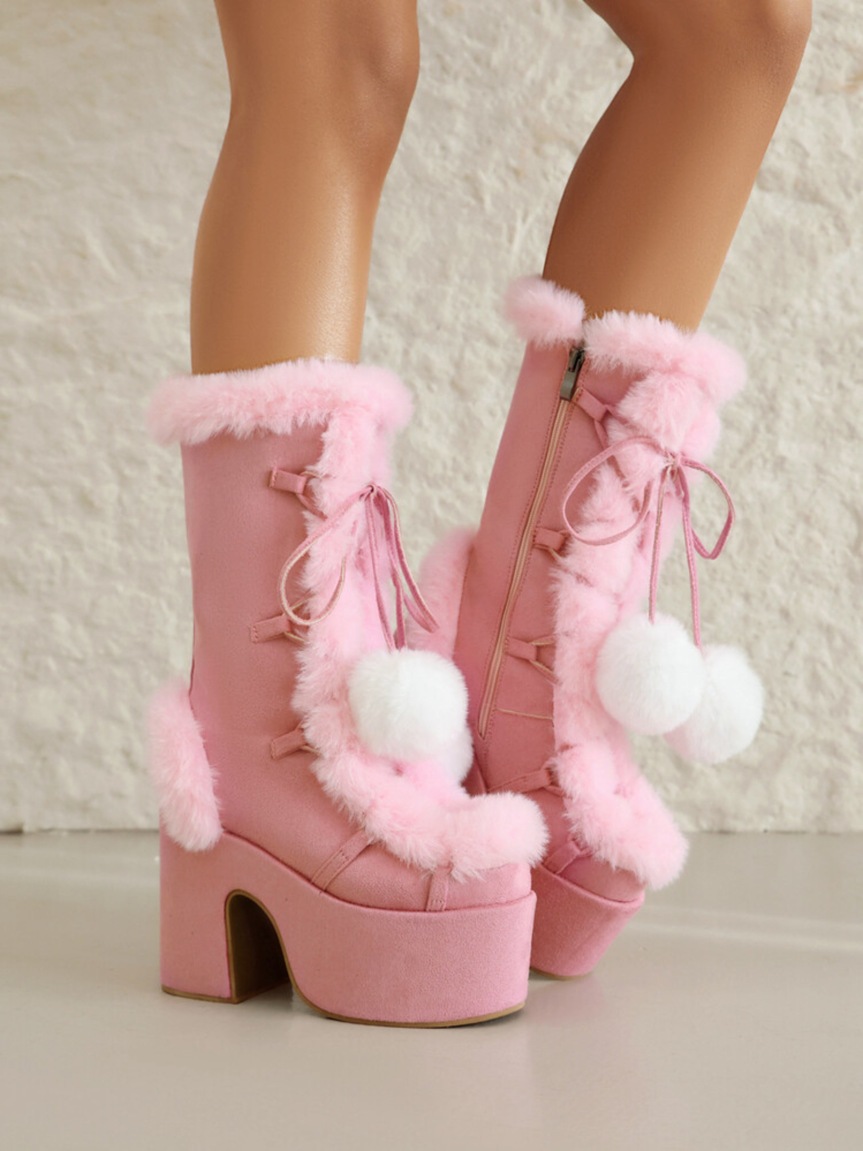Cute Pink Pom Pom Platform Chunky High Heeled Boots