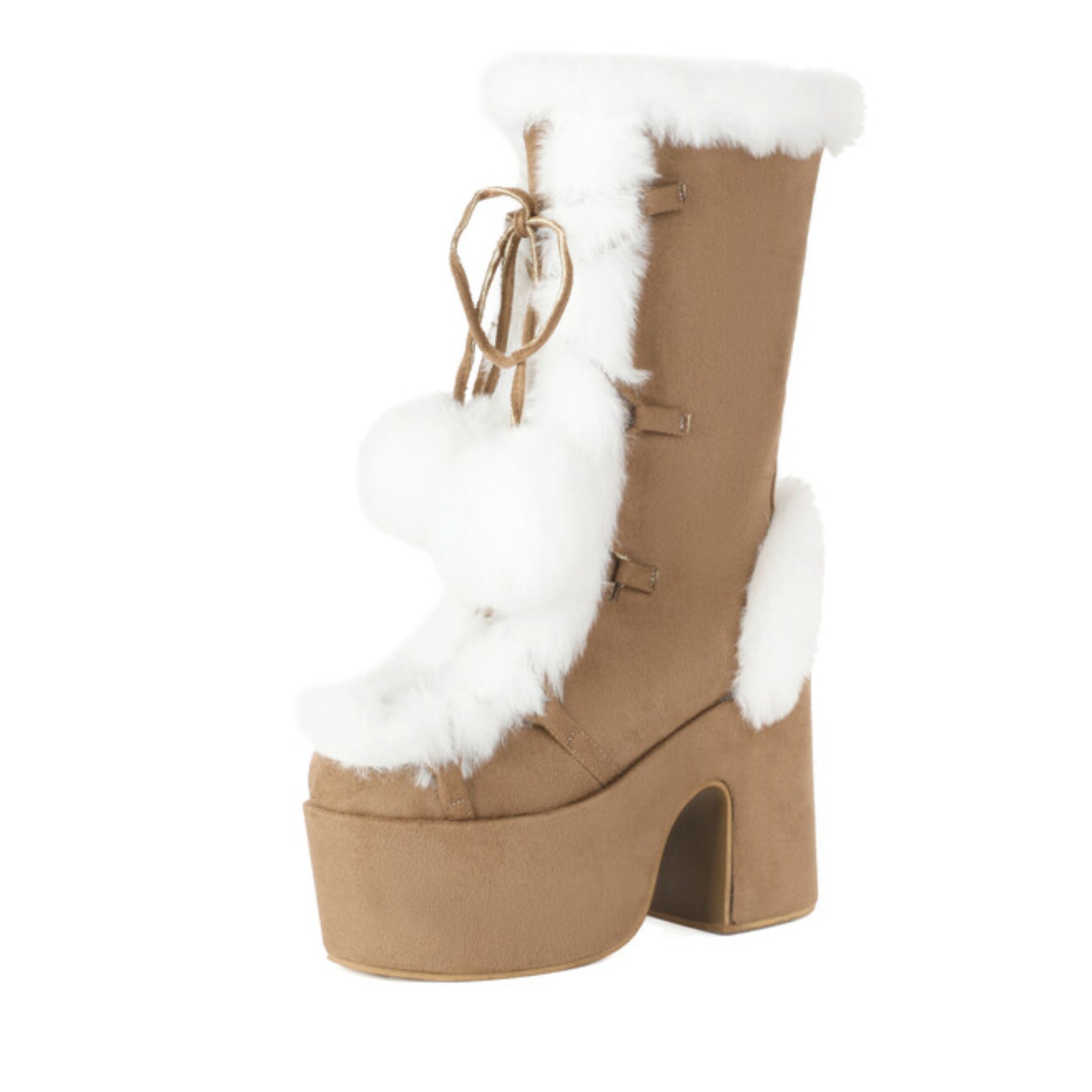 Tan Lace-Up Heeled Mid-Calf Winter Boots for Women