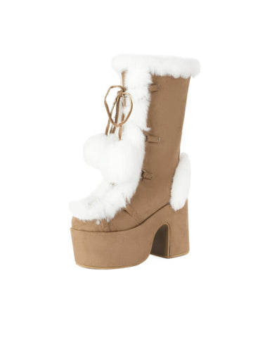 Tan Lace-Up Heeled Mid-Calf Winter Boots for Women