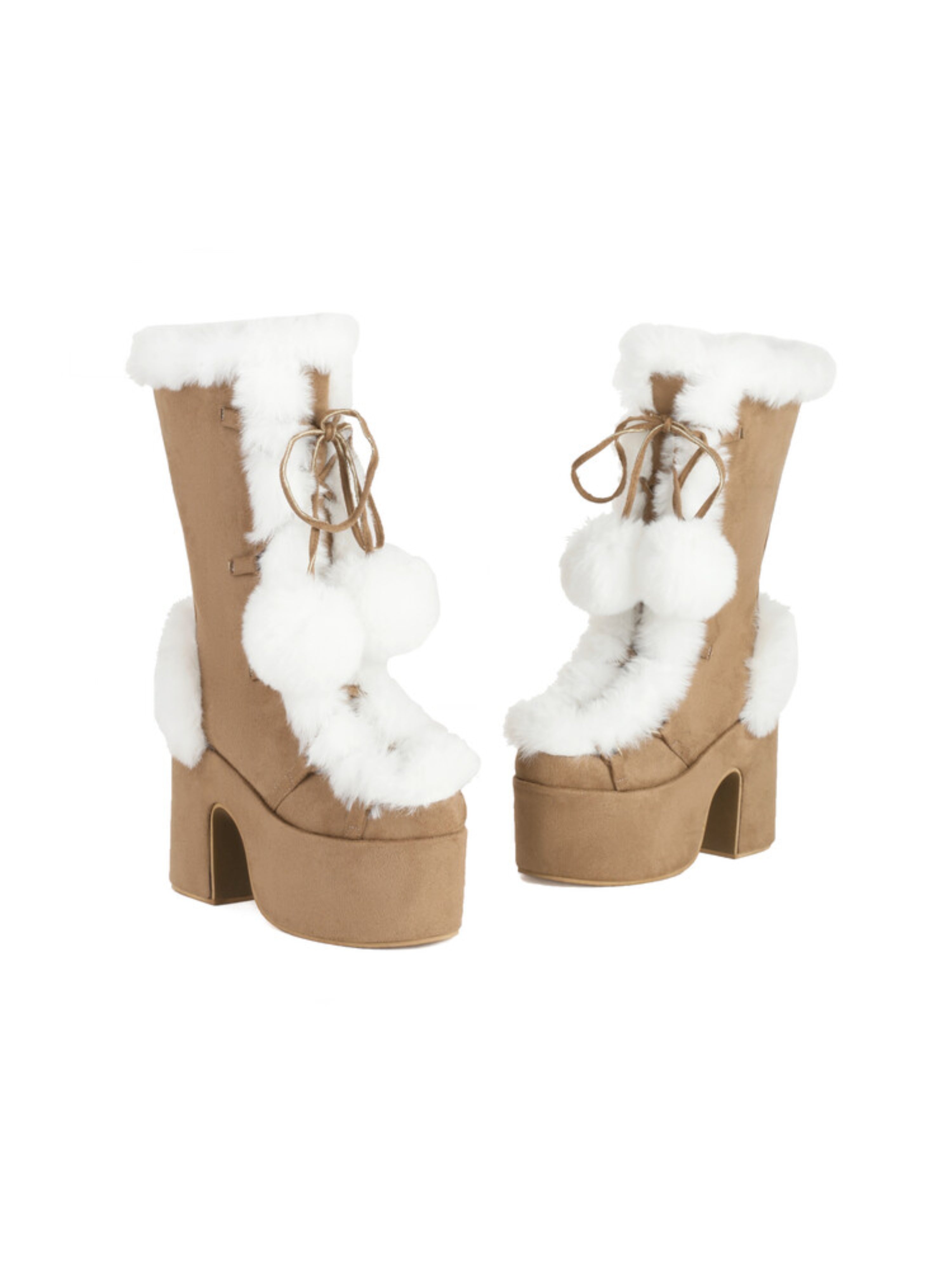 Tan Lace-Up Heeled Mid-Calf Winter Boots for Women