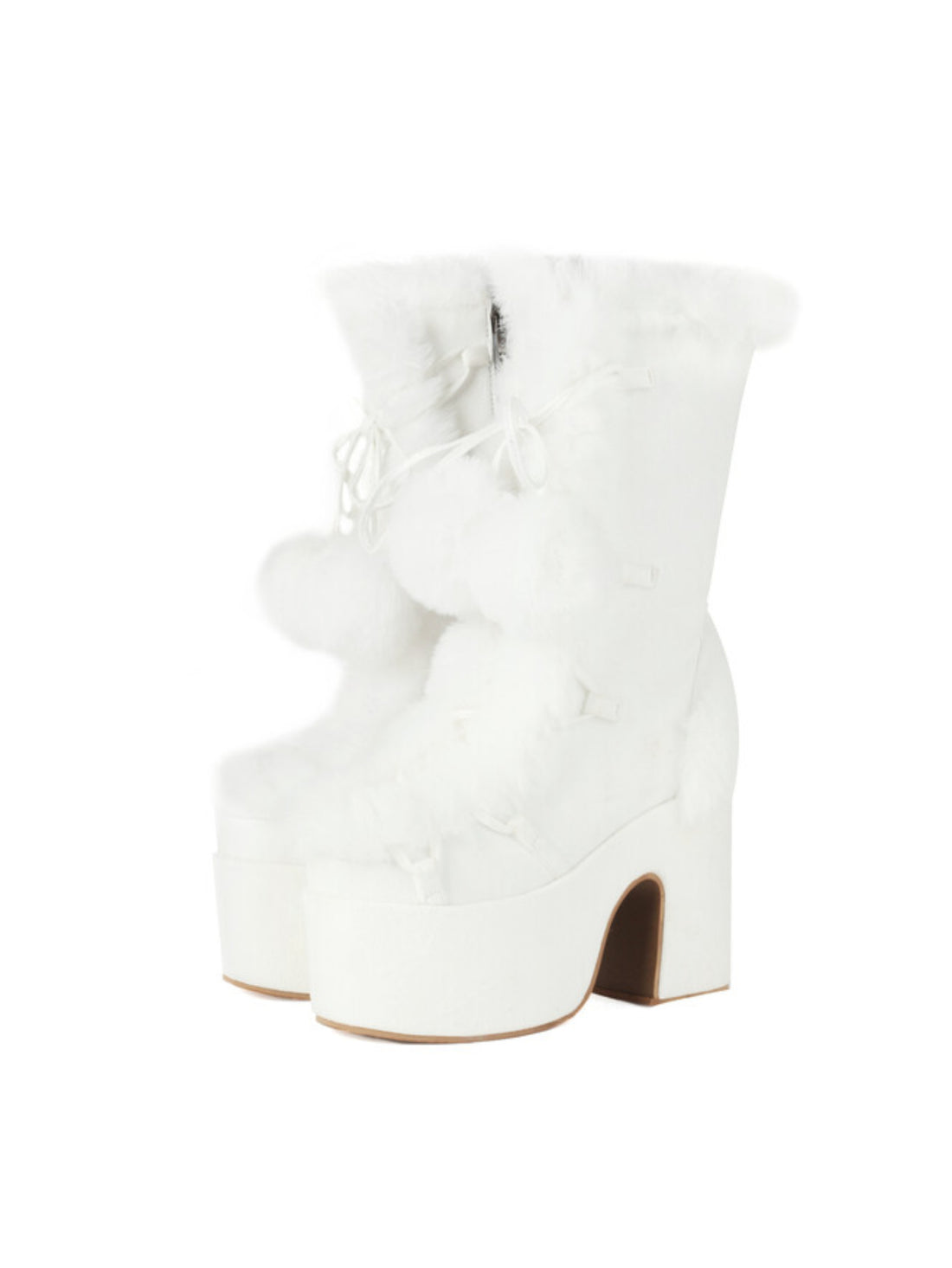 White Round Toe Mid-Calf Platform Boots with Pom Poms