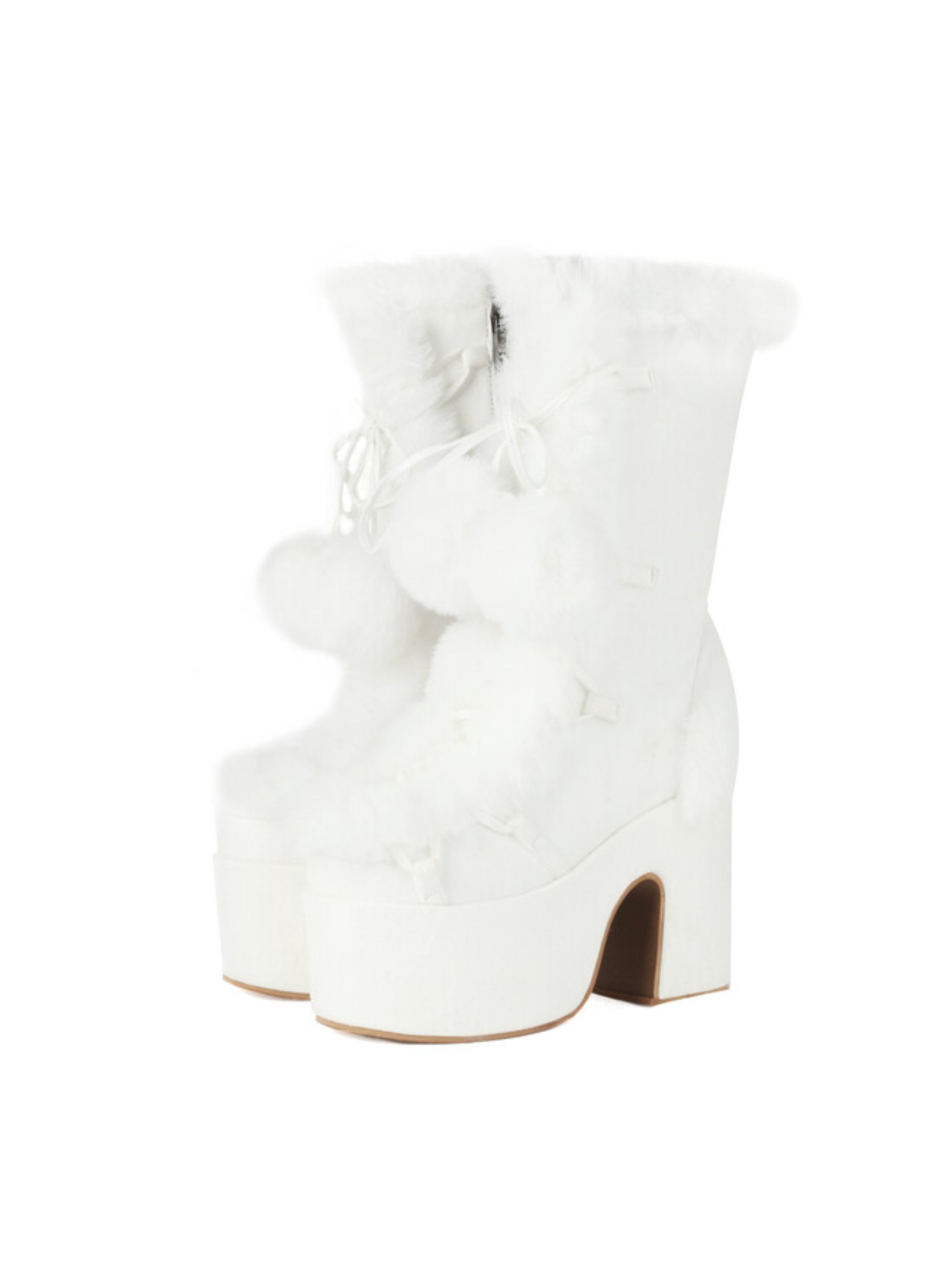 White Round Toe Mid-Calf Platform Boots with Pom Poms