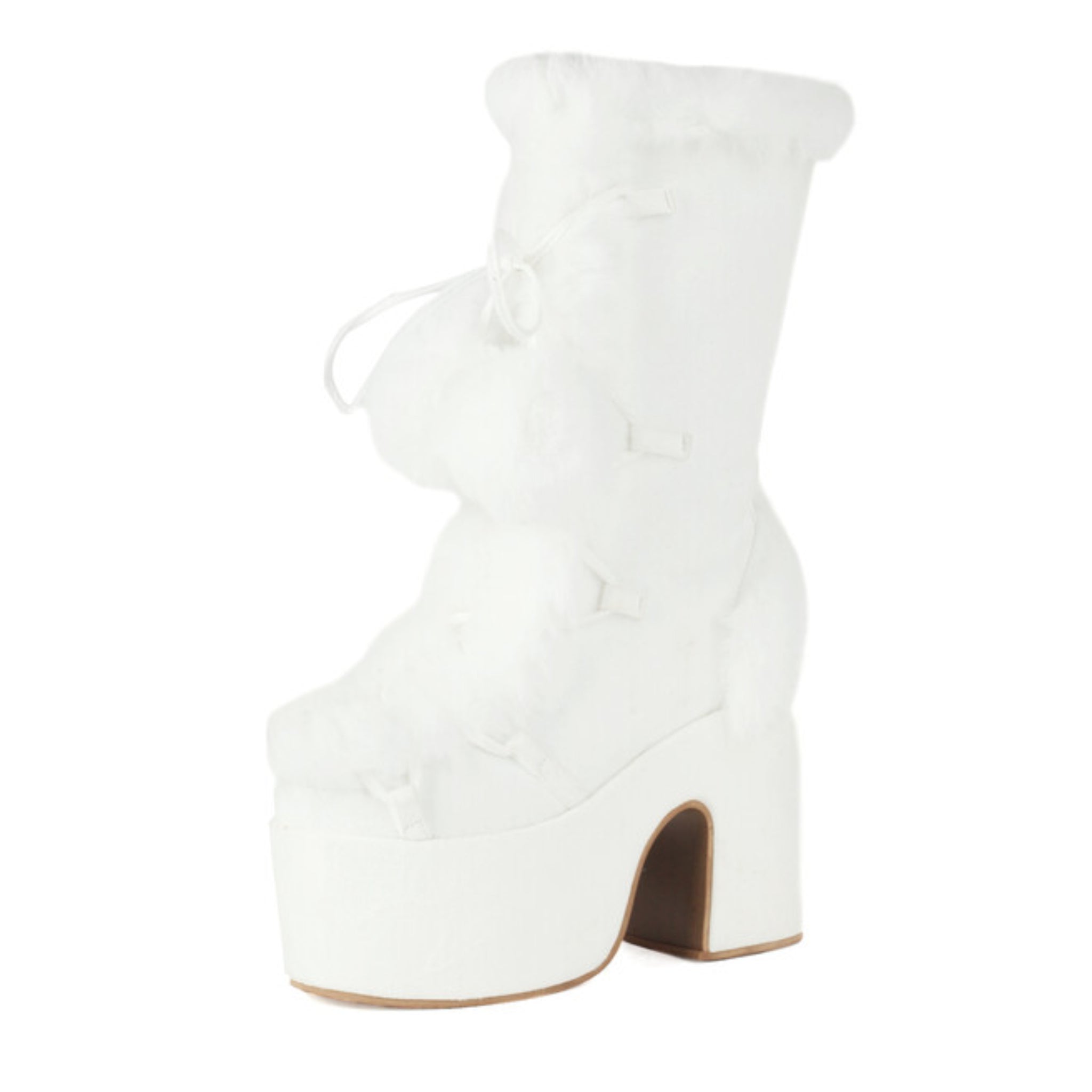 White Round Toe Mid-Calf Platform Boots with Pom Poms