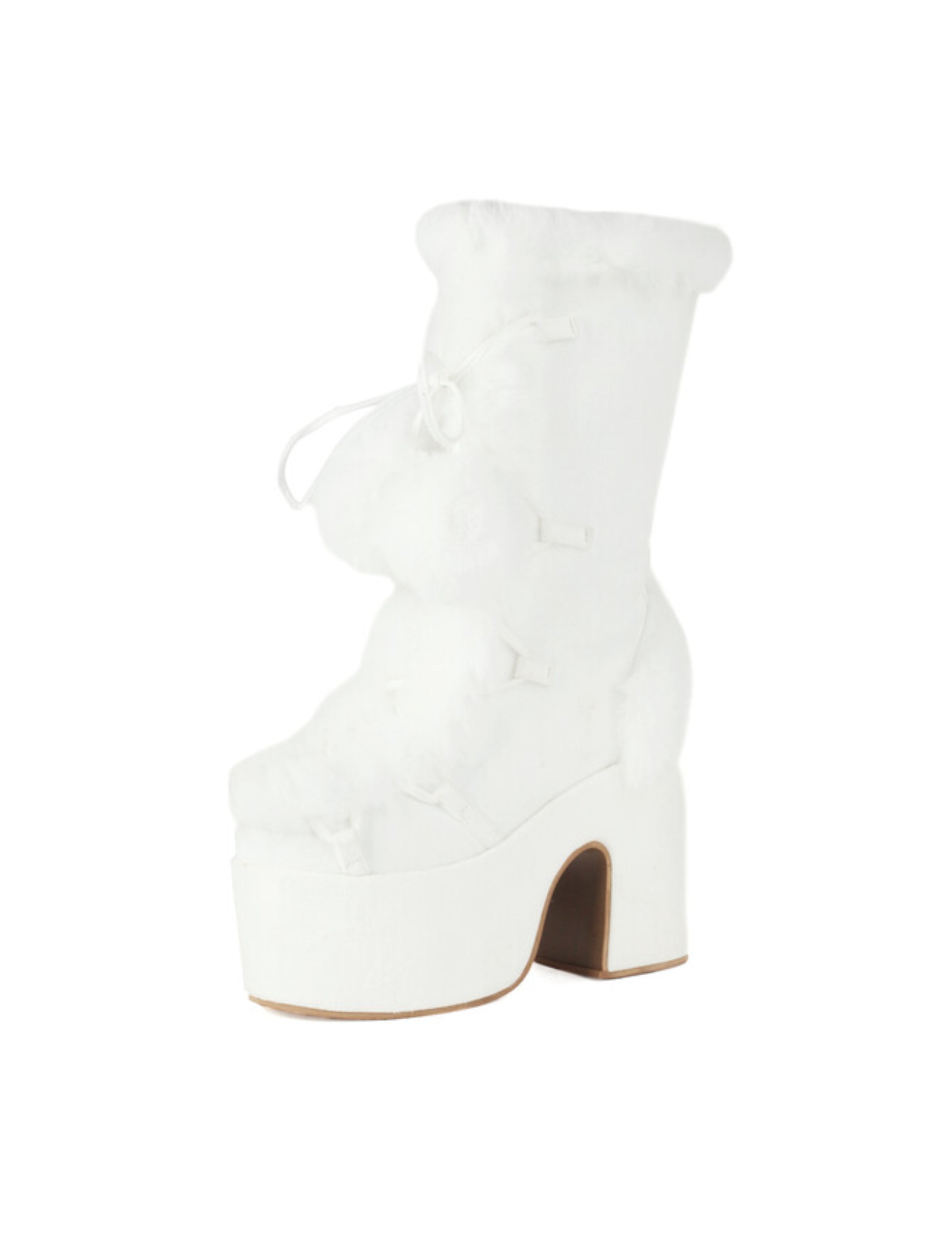 White Round Toe Mid-Calf Platform Boots with Pom Poms