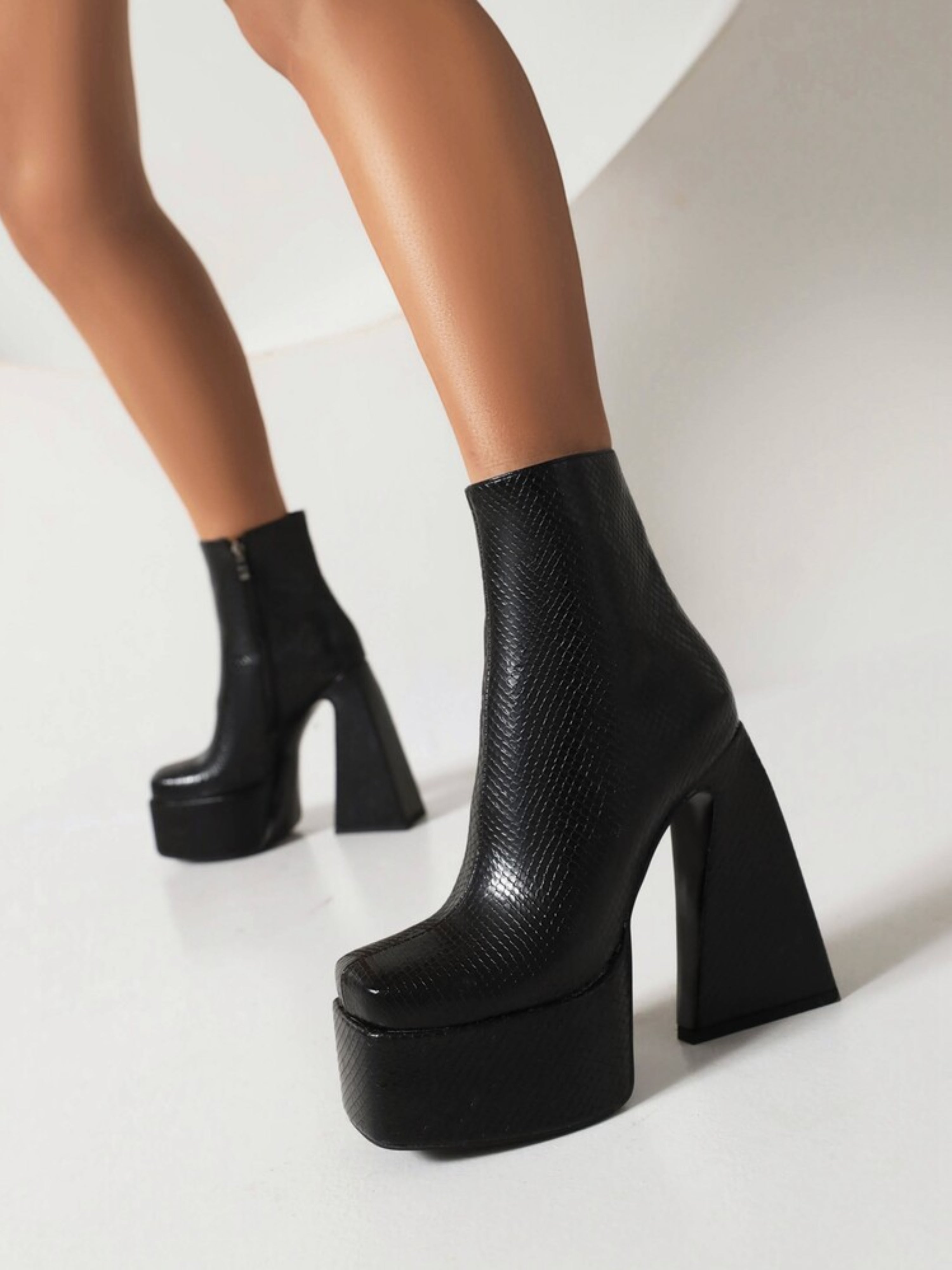Black Flared Platform Heel Short Booties for Women