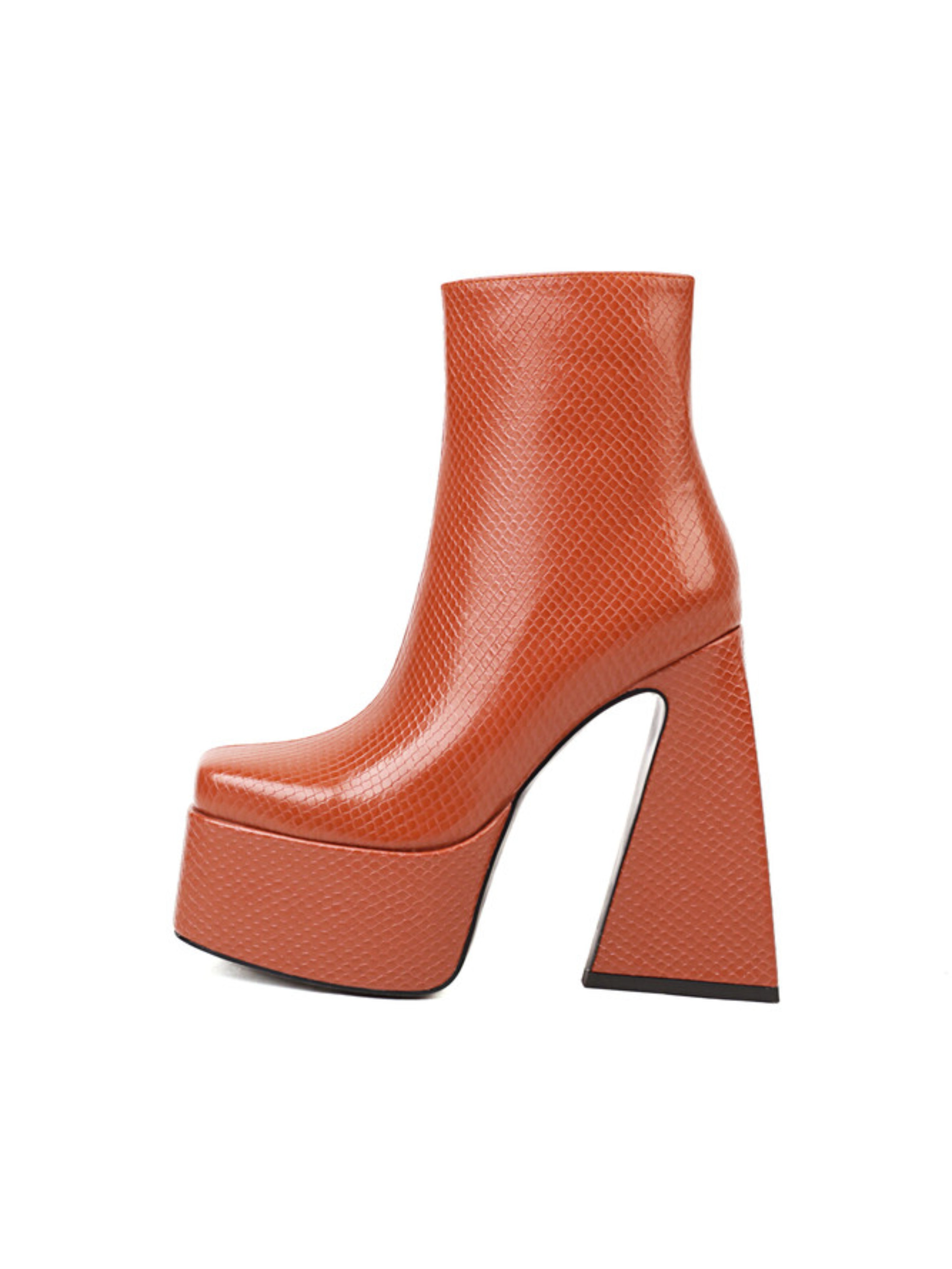 Brown Square Toe Platform Heeled Ankle Boots for Women