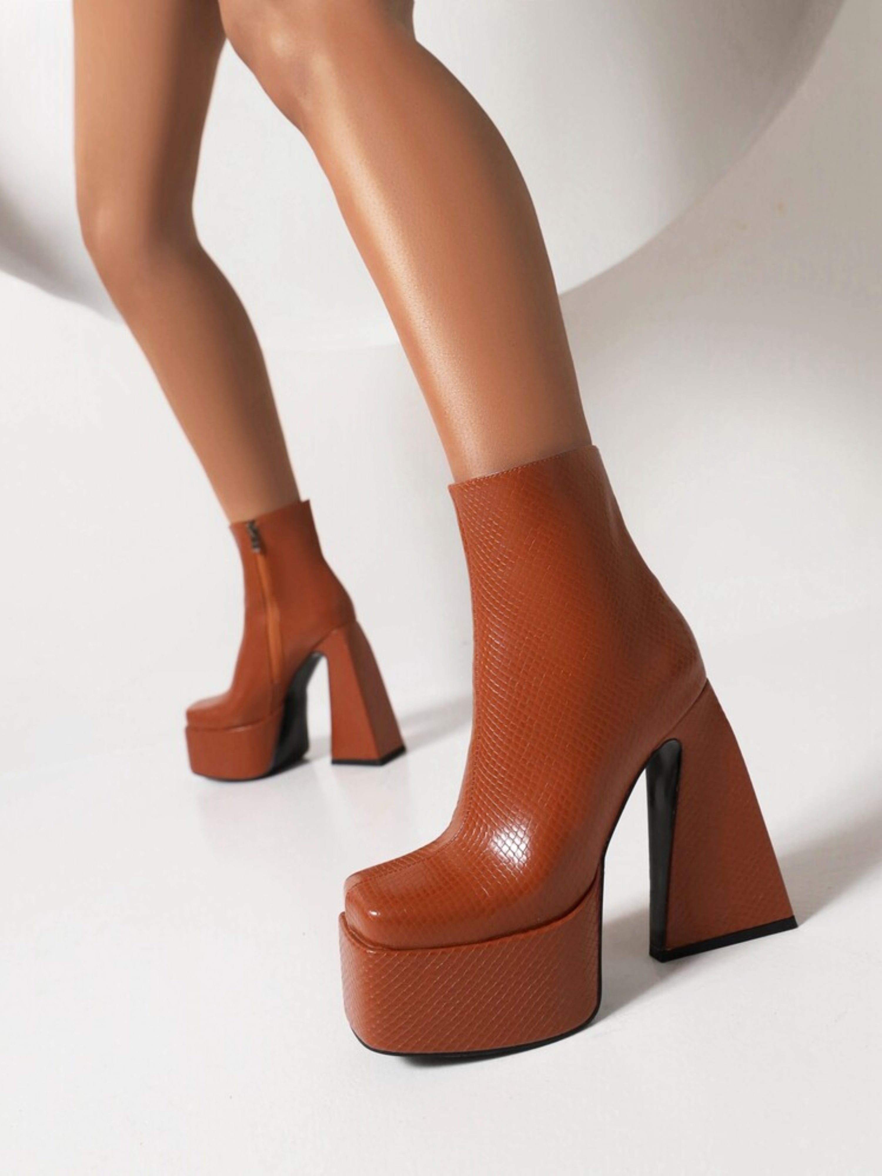 Brown Square Toe Platform Heeled Ankle Boots for Women