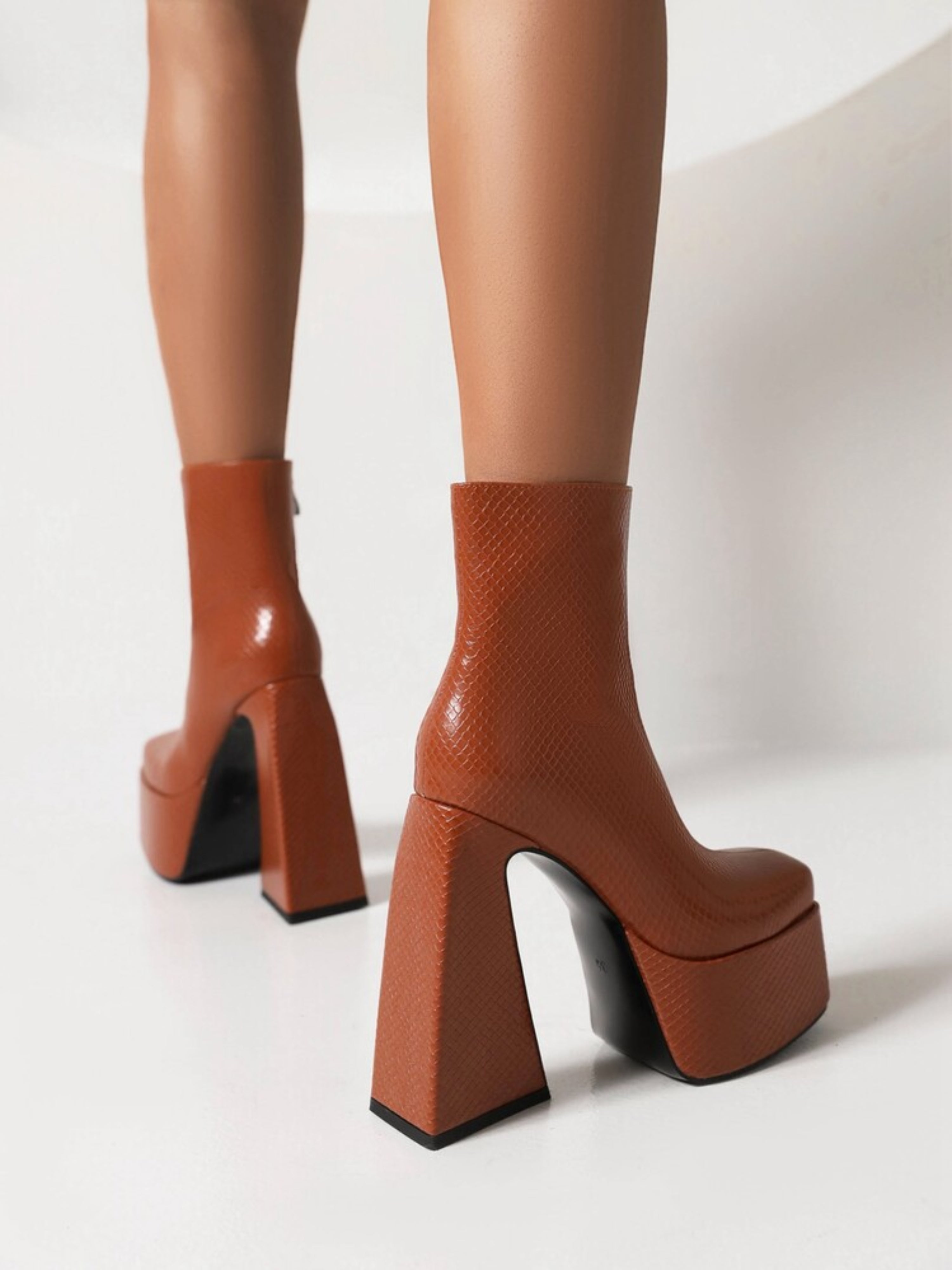 Brown Square Toe Platform Heeled Ankle Boots for Women