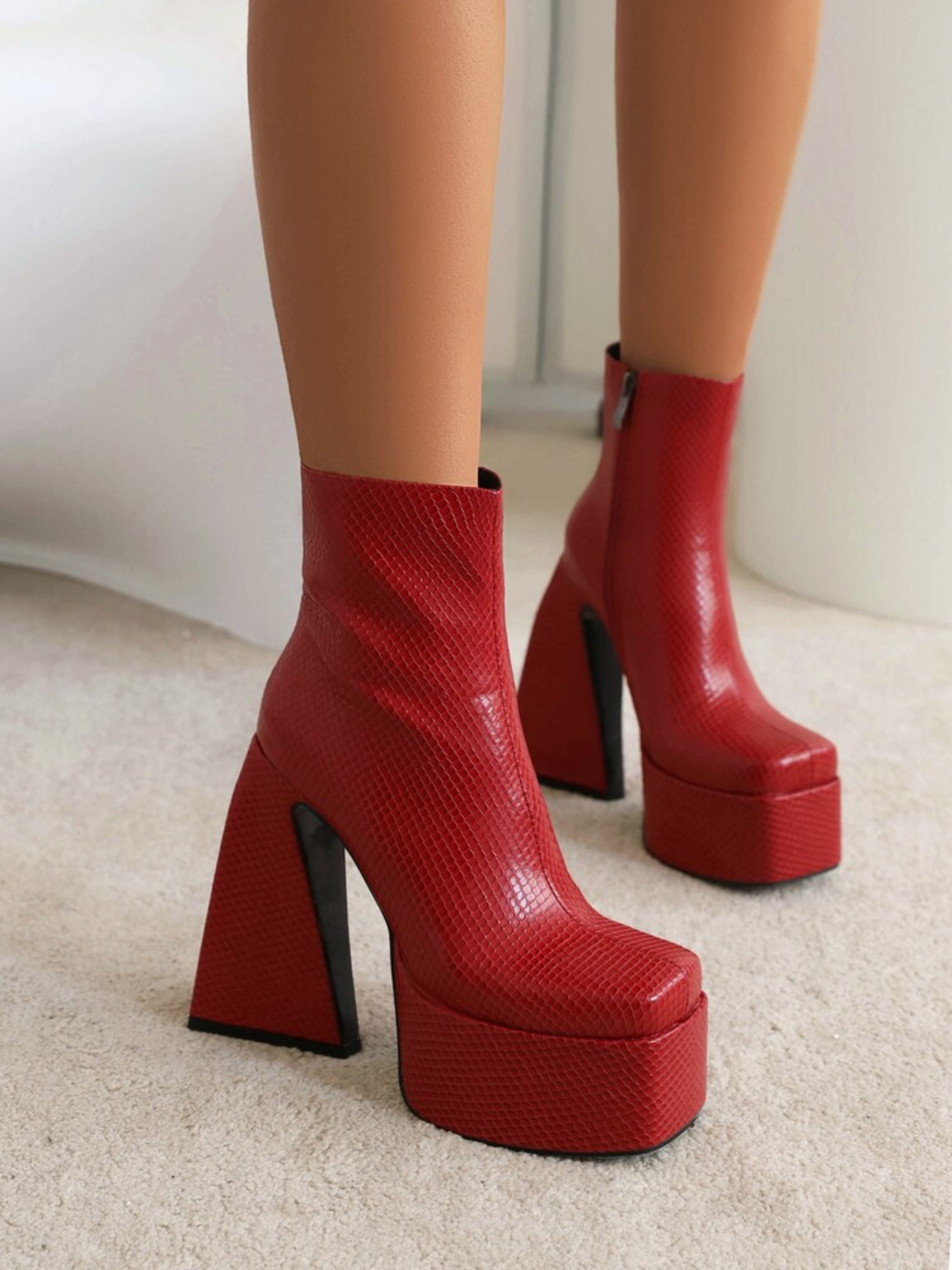 Red Square Toe Platform Heel Ankle Boots with Zipper