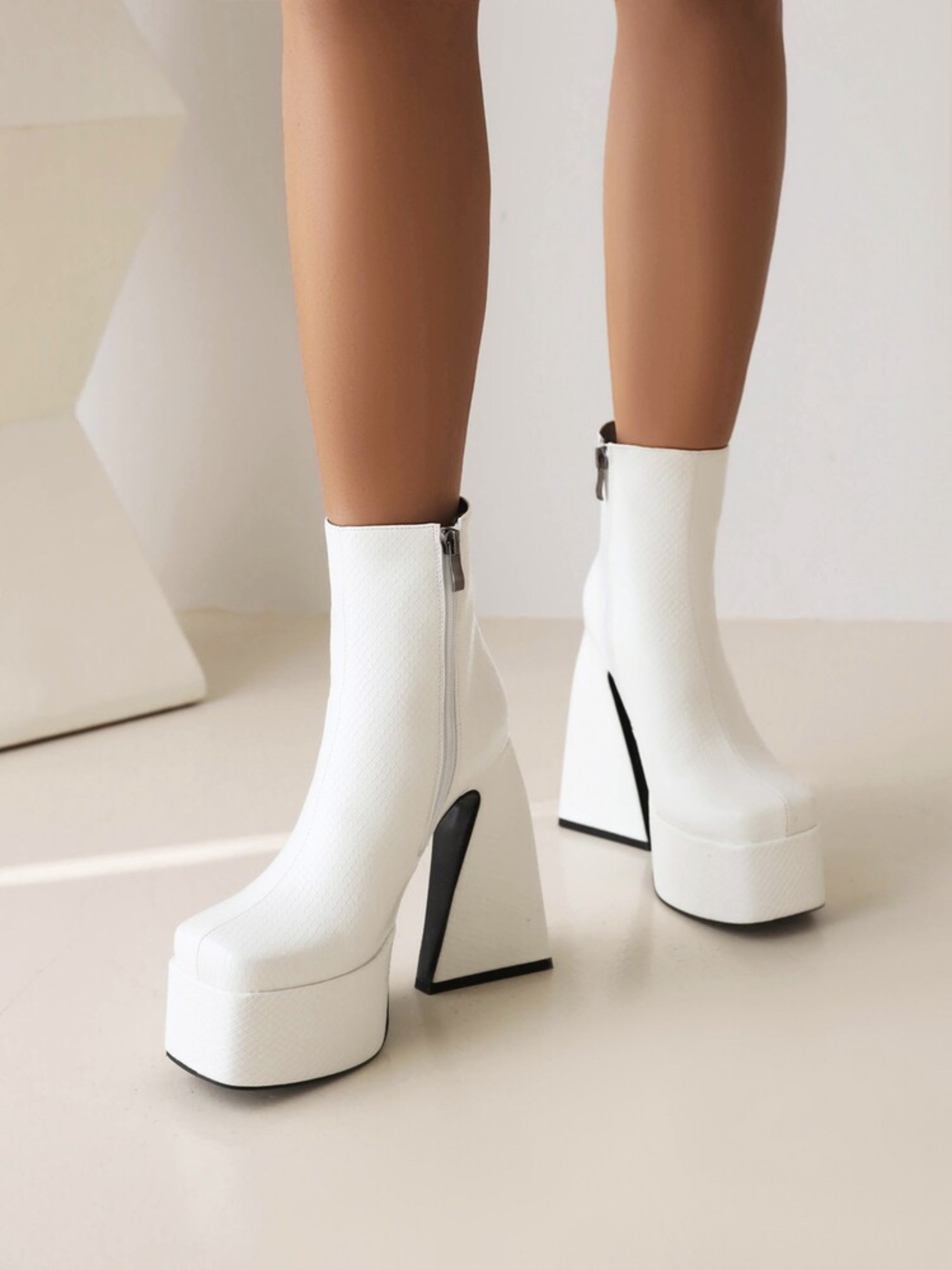 White Square Toe Women's Booties with Platform Heel