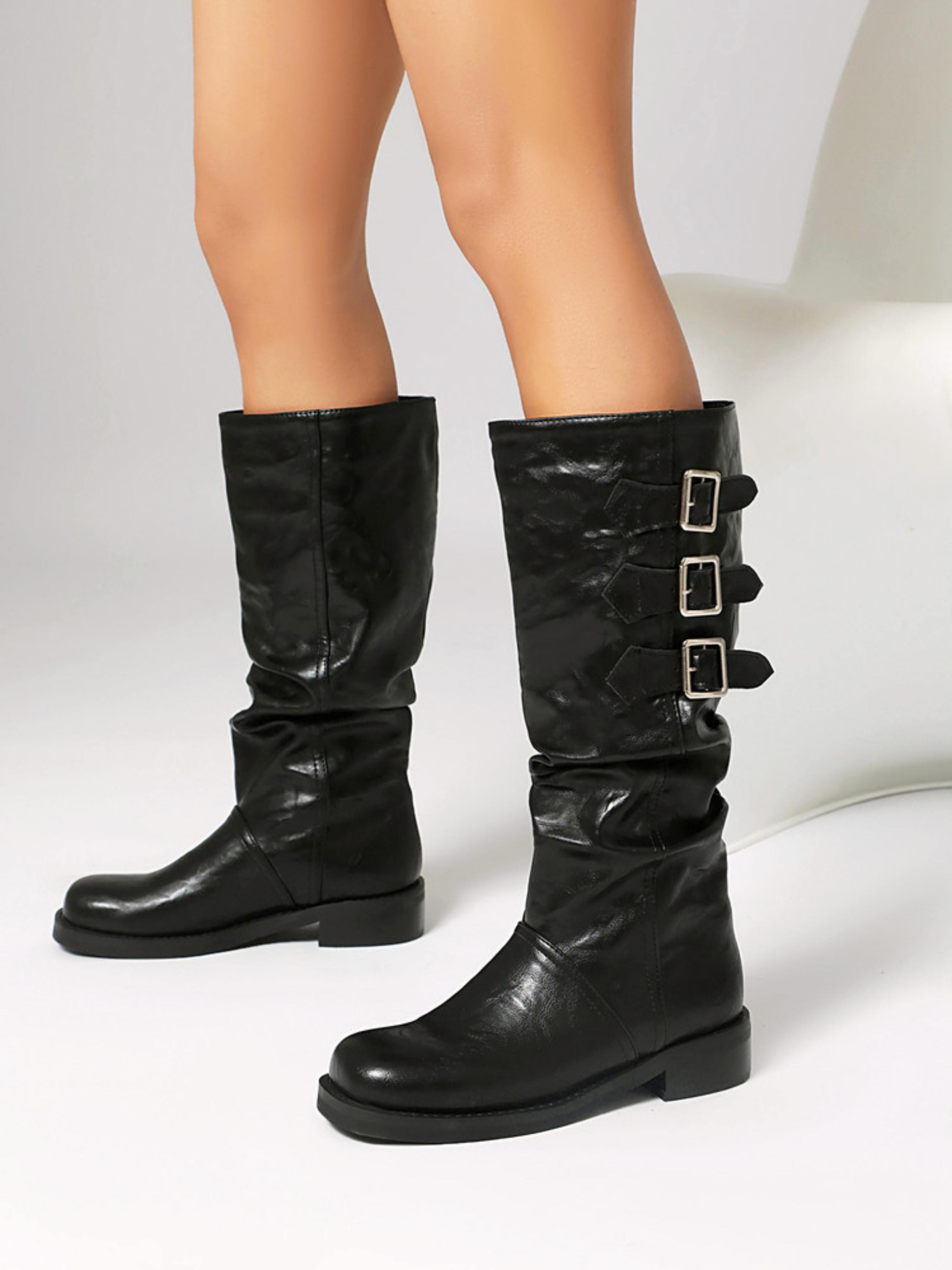 Black Mid Calf Buckled Gothic Boots