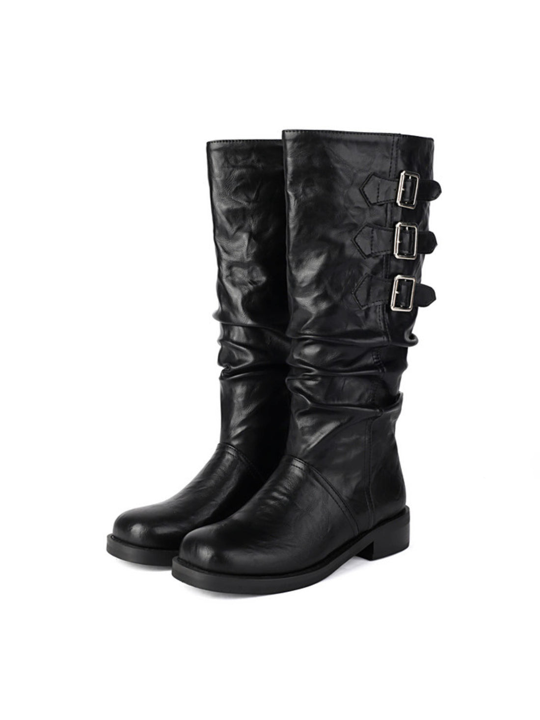 Black Mid Calf Buckled Gothic Boots