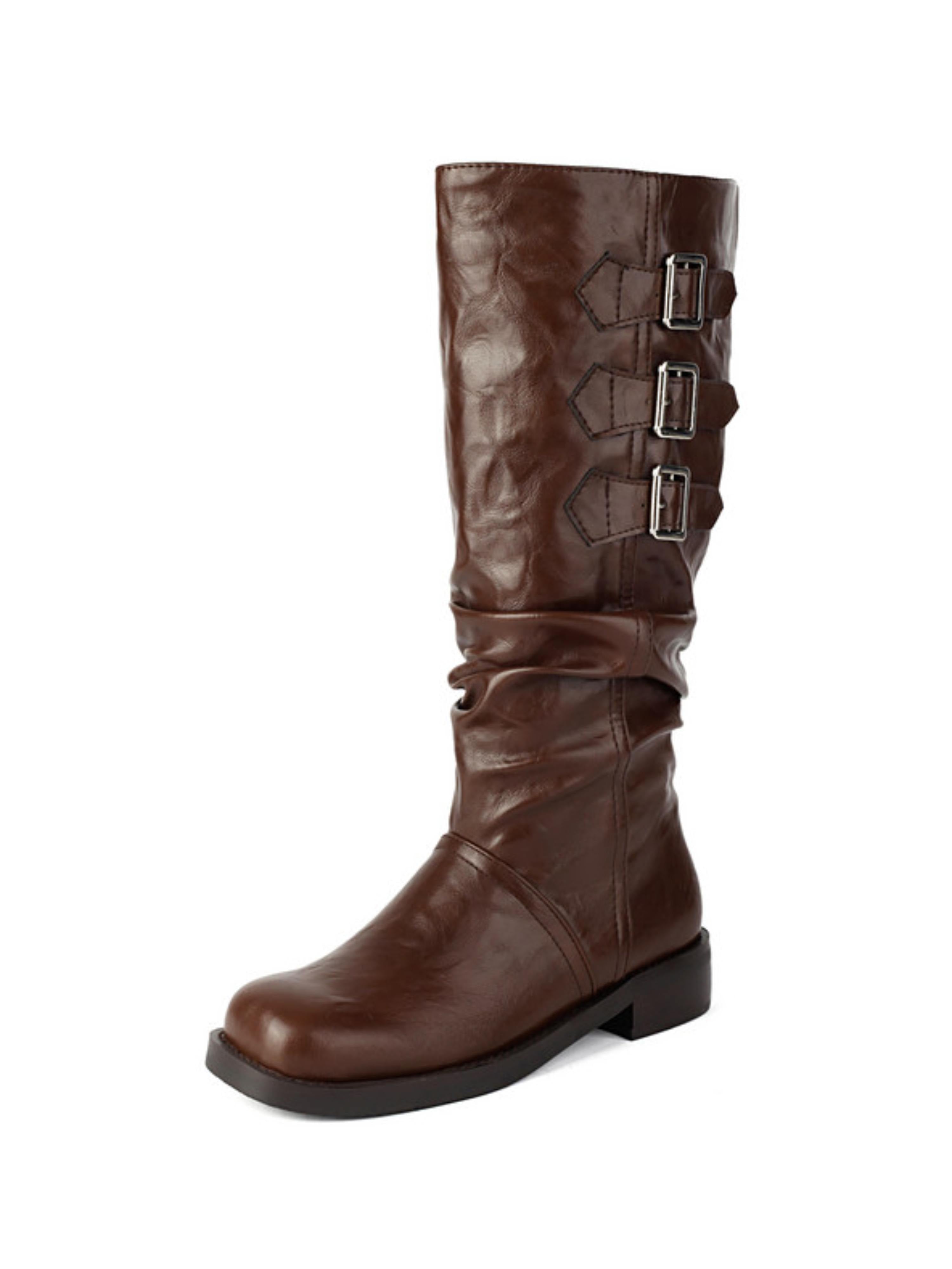 Brown Knee-High Boots with Triple Buckle Detail