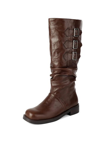 Brown Knee-High Boots with Triple Buckle Detail